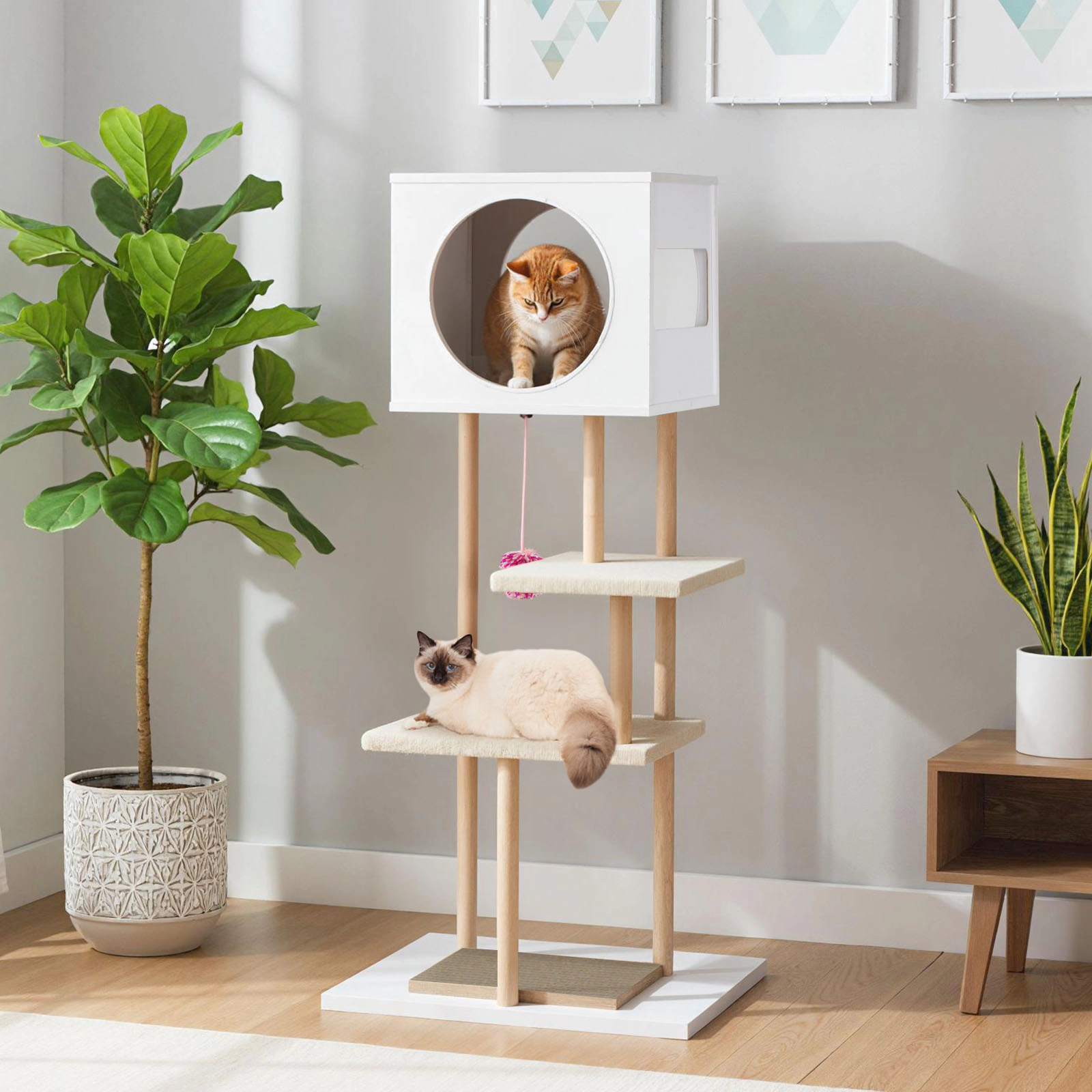 Glintex 40-Inch Rubber Wood Cat Tower with 2 Corrugated Cardboard Scratchers, White