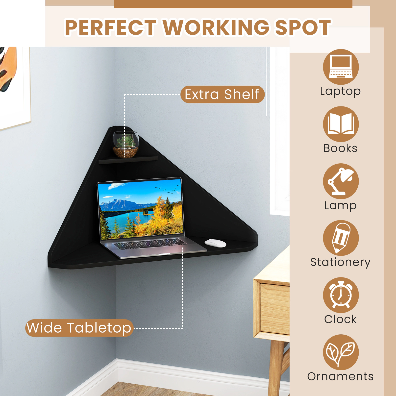 SUGIFT Black Floating Triangular Corner Desk with Shelf
