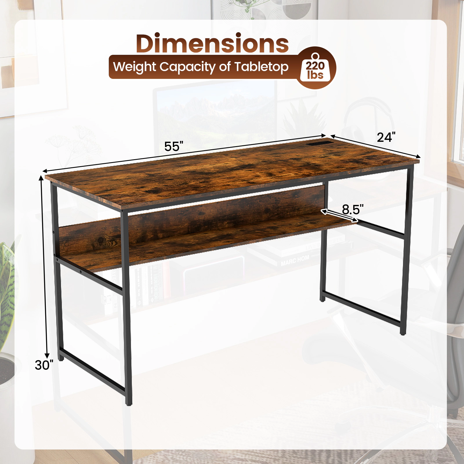 SUGIFT 55-Inch Rustic Brown Computer Desk with Outlets, USB Ports and Storage Shelf