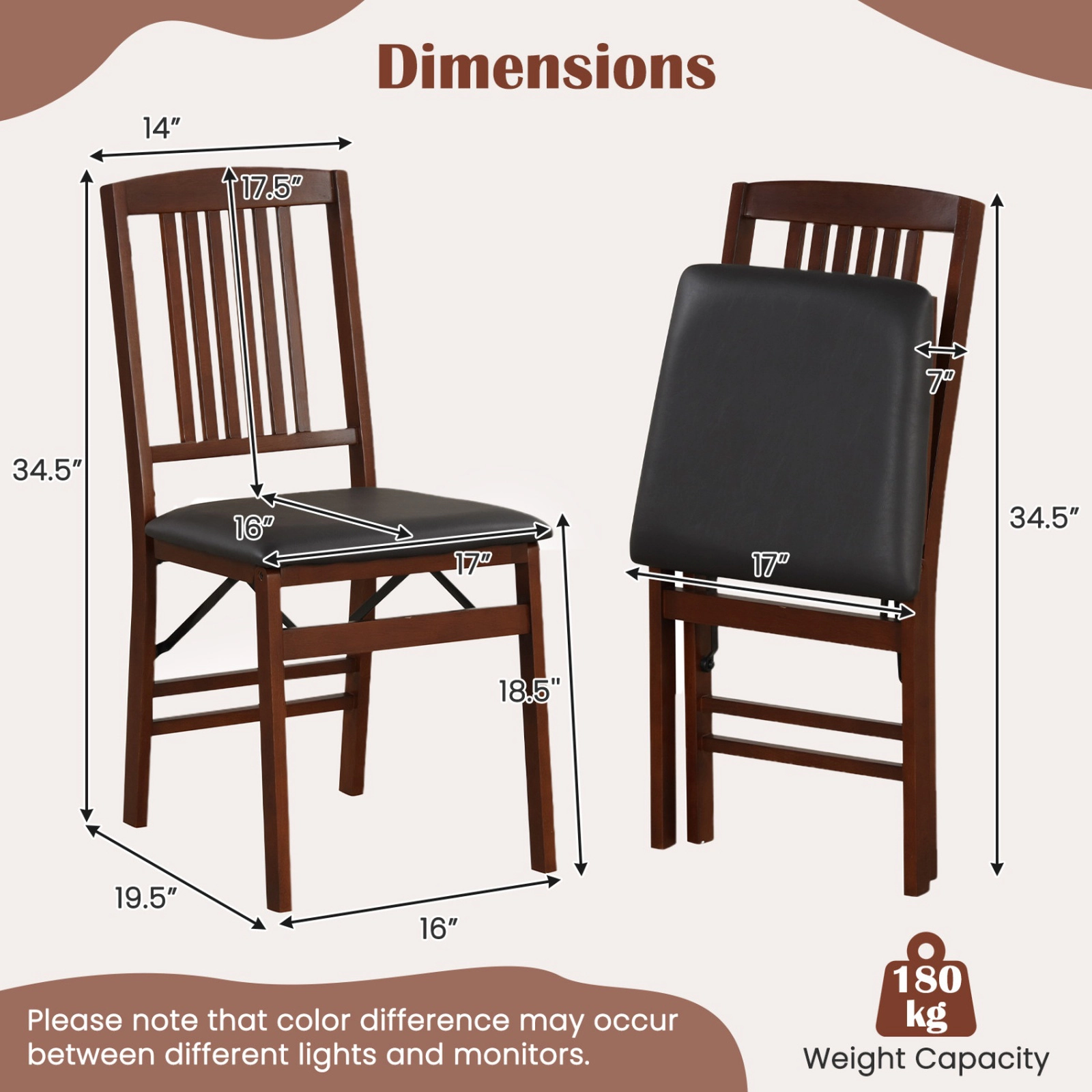 SUGIFT Set of 2 Foldable Upholstered Kitchen Chairs with Padded PVC Seat 420-Lb Capacity Brown + Black