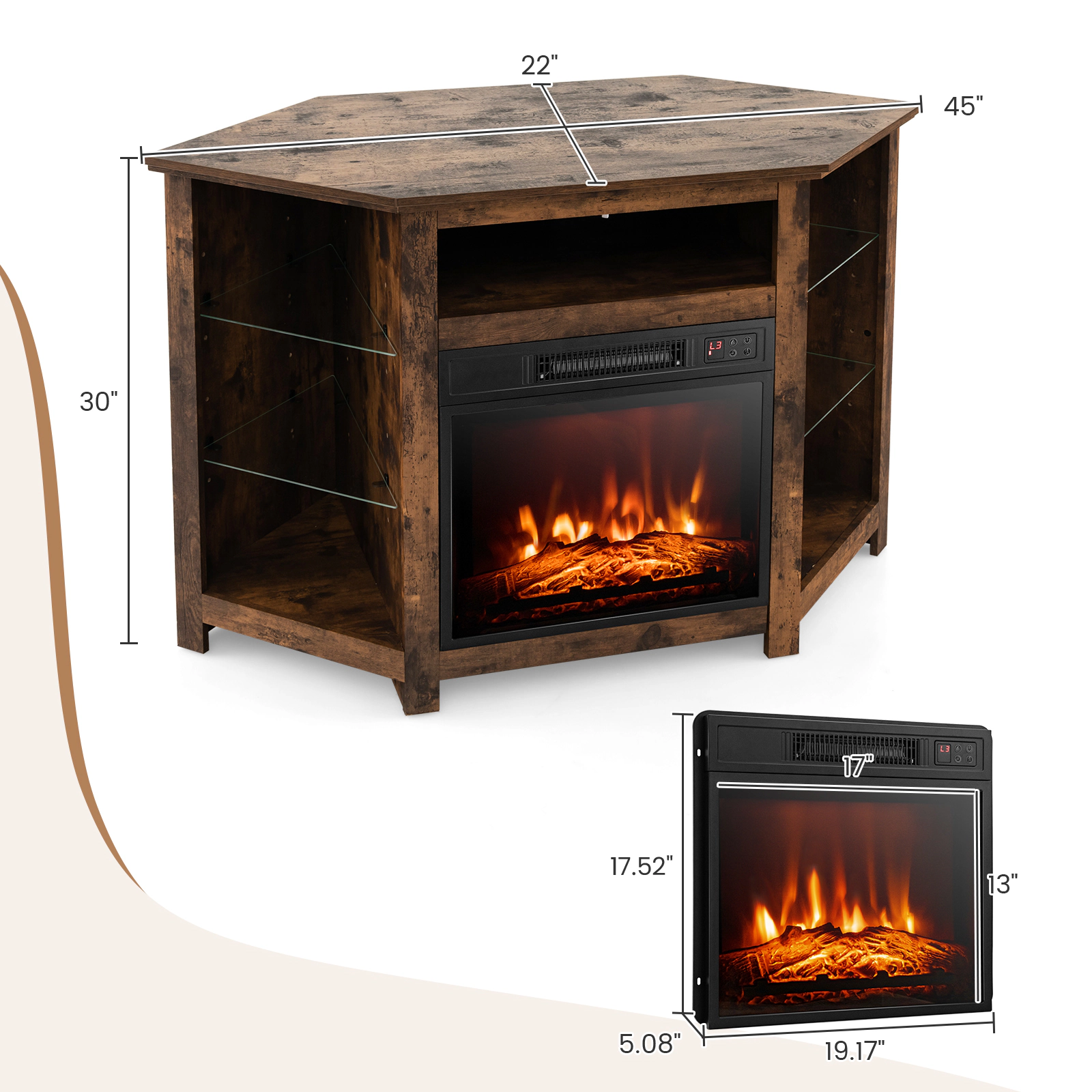SUGIFT Corner Fireplace TV Stand for 50 with LED Lights and Glass Side Shelves