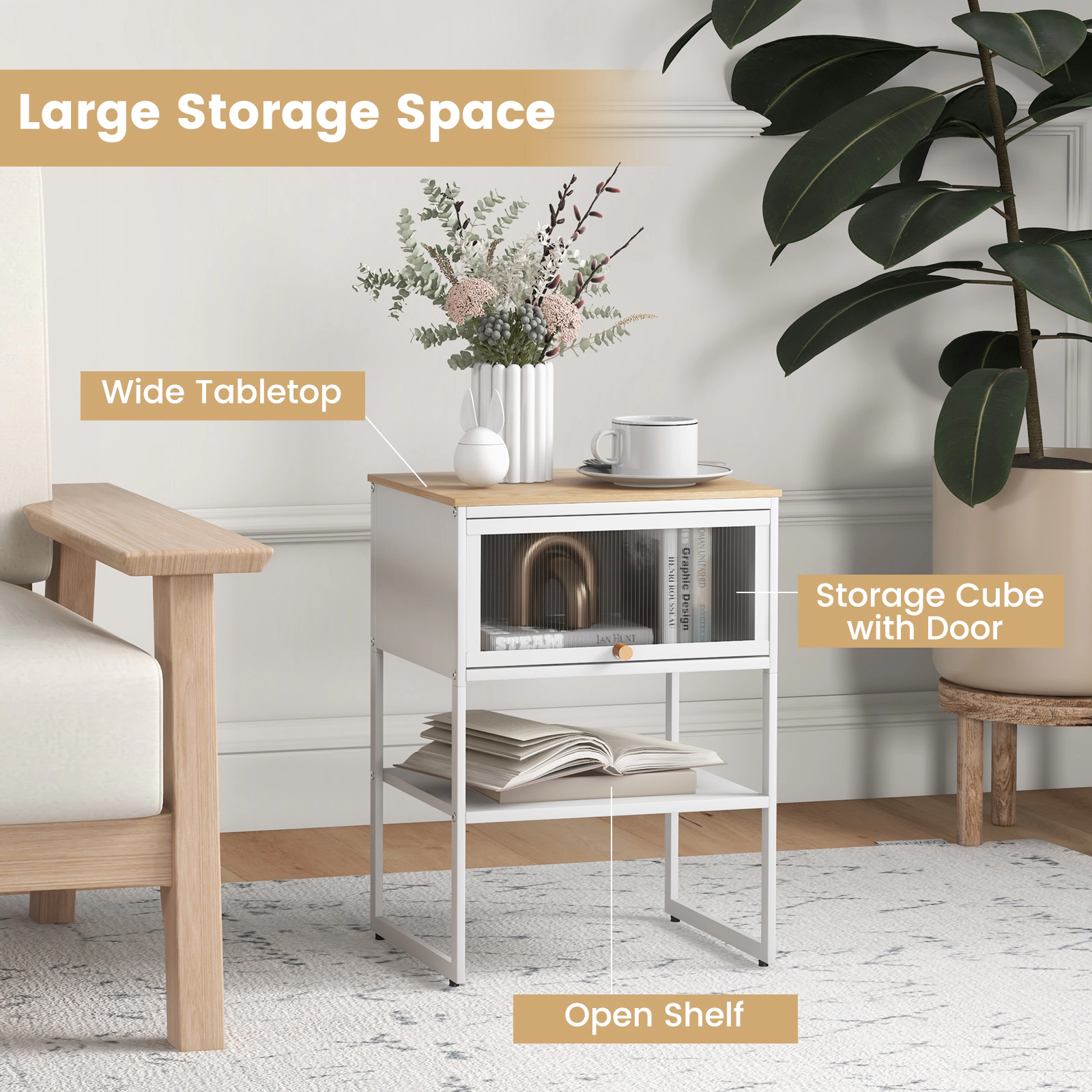 Glintex 3-Tier Nightstand with Flip-Up PC Door and Magnetic Catch, White