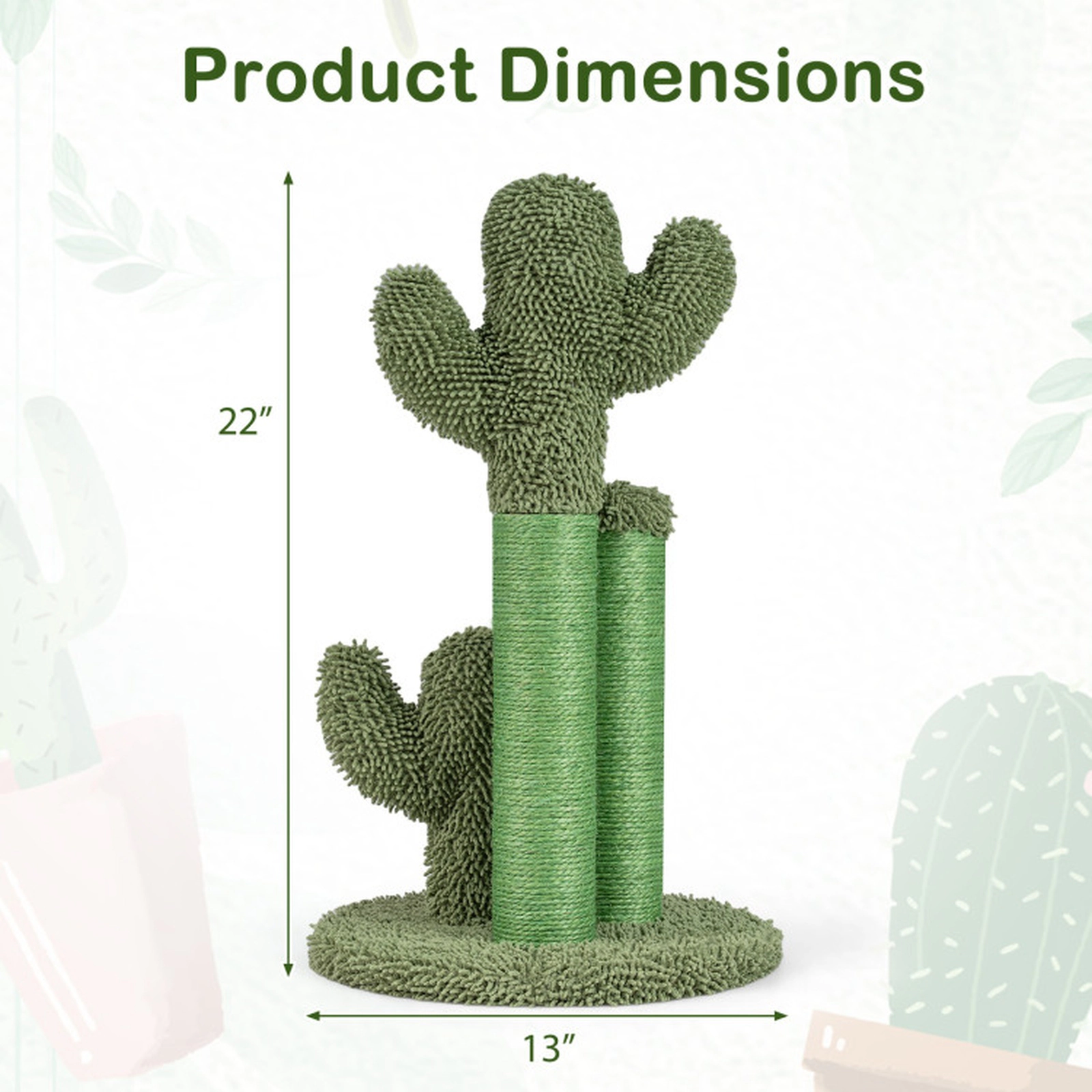 SUGIFT 22 Inch Cactus Cat Scratching Post Green with Natural Sisal Rope and Ball