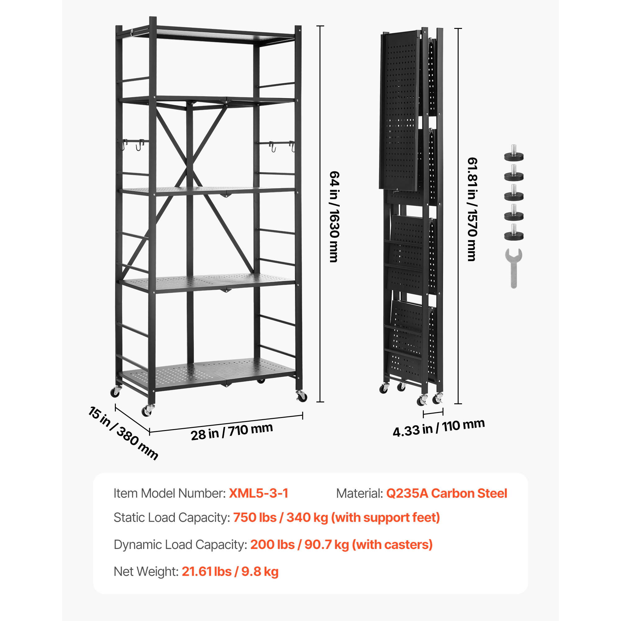 Flynama Folding Storage Shelf with Wheels 5-Tier Metal Shelving Unit Black