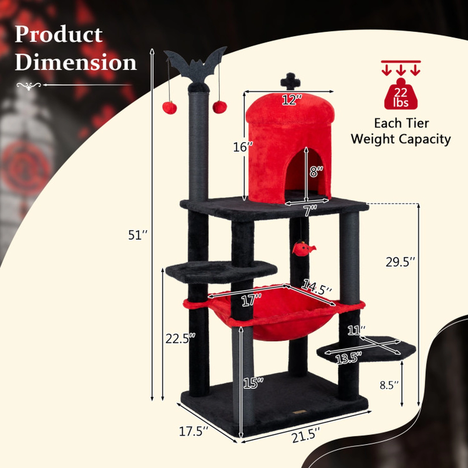 SUGIFT 51-in Gothic Multi-level Cat Tree with Spider Hanging Toy 22-lb Capacity Halloween Red & Black
