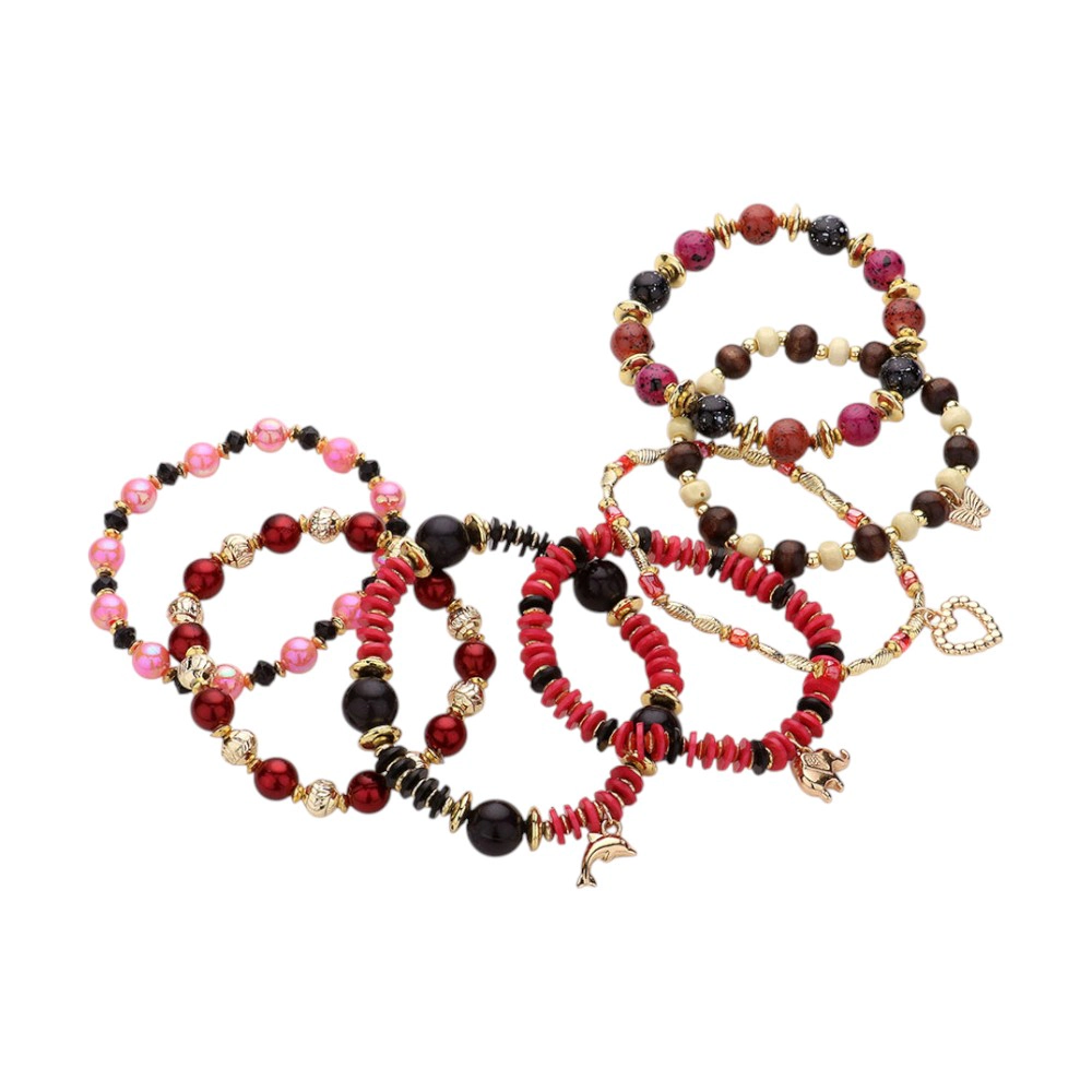 FASHNZFAB 7PCS Charm Pointed Various Beads Beaded Stretch Multi Layered Bracelets