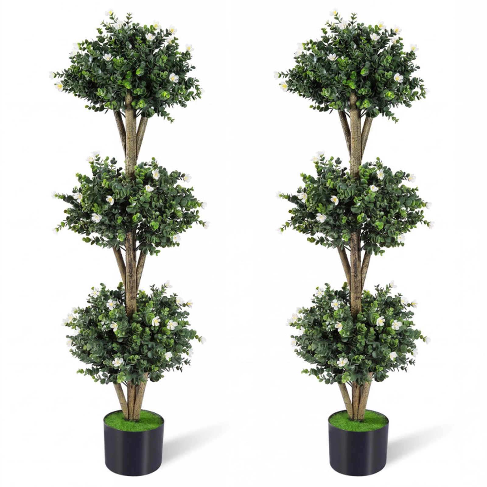 SUGIFT Set of 2 Triple Ball 59 Blossoms Artificial Boxwood Topiary Trees 51-in Tall 7-in x 5.5-in Pot White