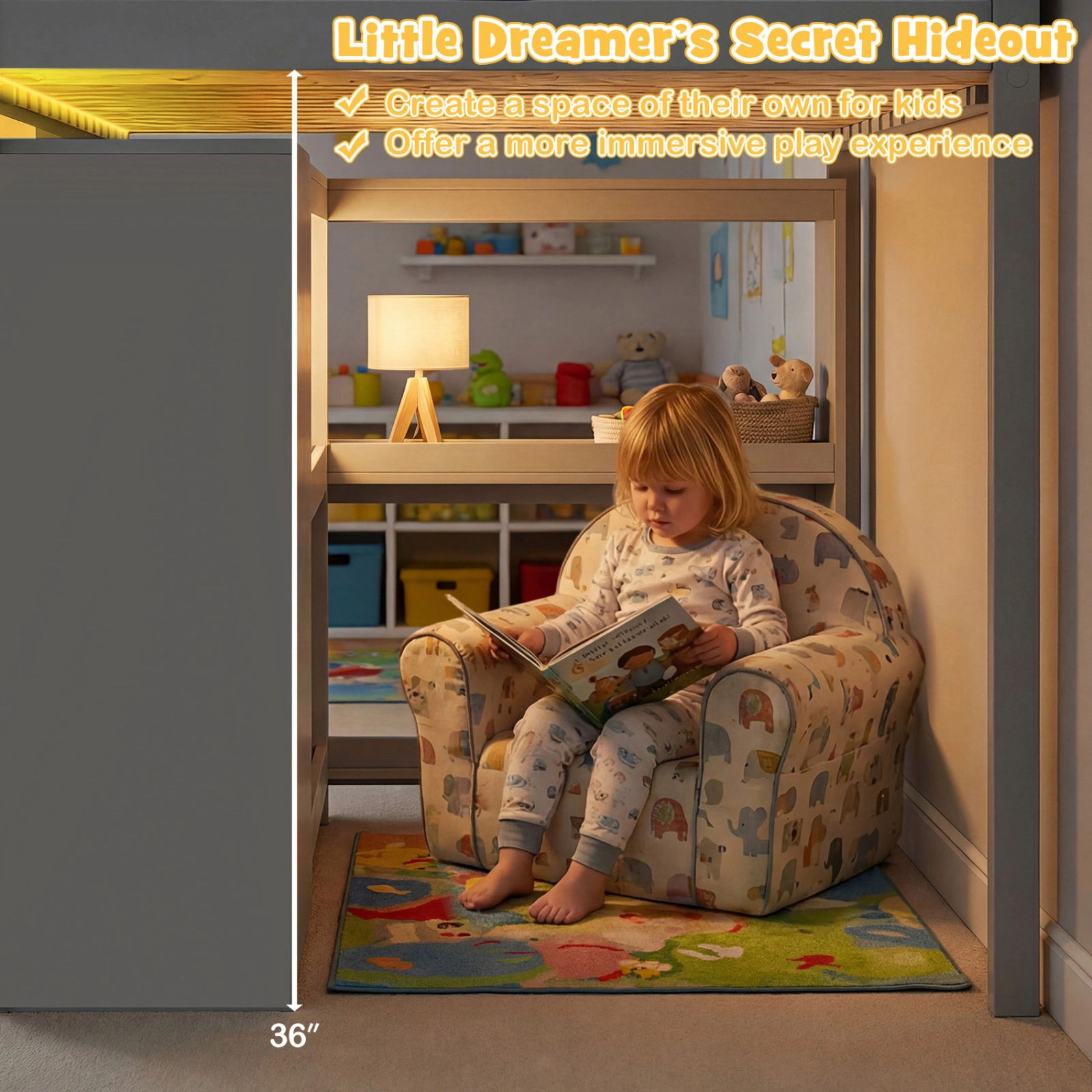 SUGIFT Gray LED Lights Drawers and Under-Bed Shelves Twin Size Kids Loft Bed