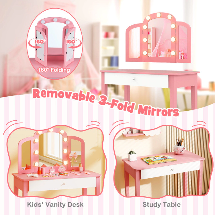 Hivvago 2-In-1 Kids Vanity Table Set With Tri-Folding Detachable Mirror And Lights