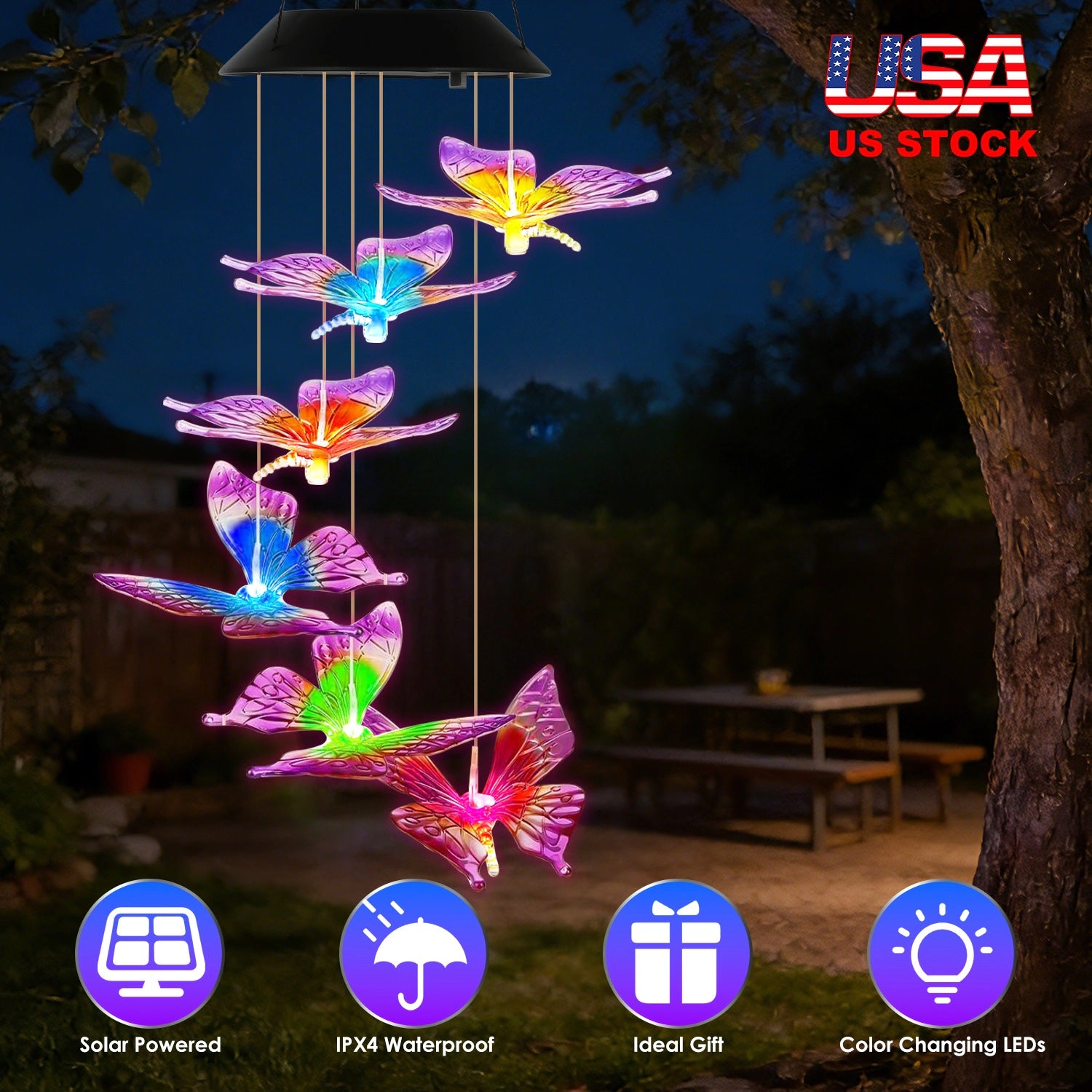 GBruno Solar Butterfly Wind Chimes 7-Color Changing