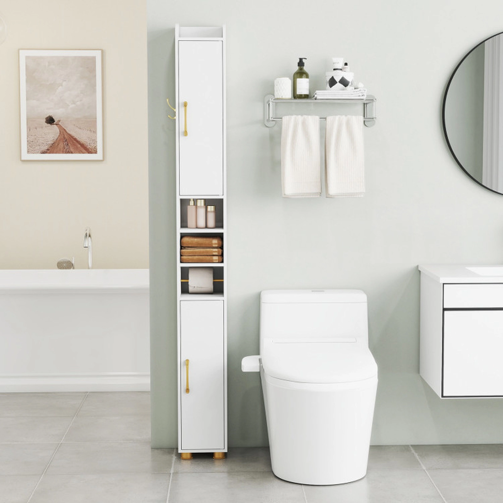 SUGIFT Narrow Toilet Paper Holder 2 Open Shelves Bathroom Storage Cabinet 8-in x 8-in x 69.5-in 11-lb per Shelf White