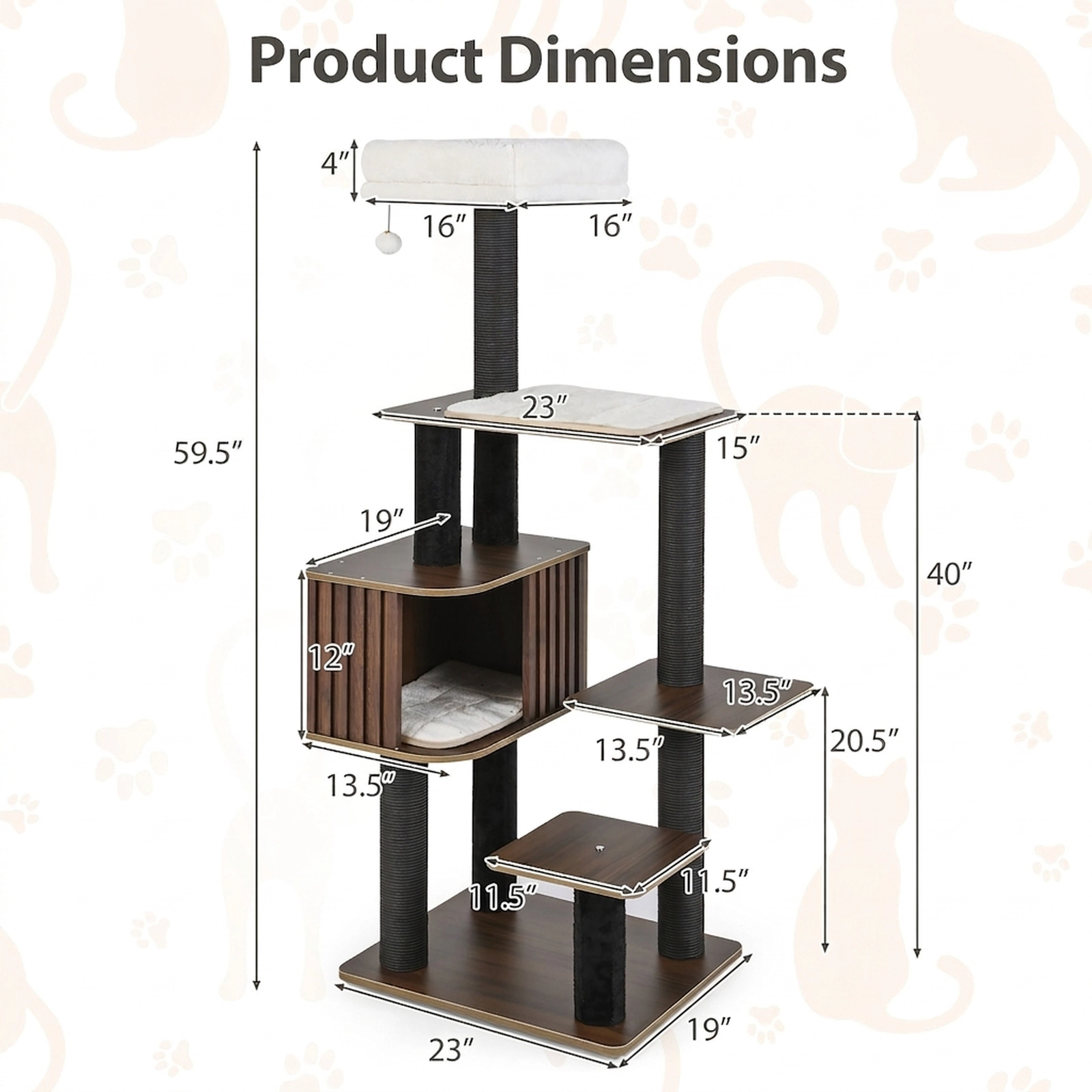 SUGIFT 59.5-in Brown Multi-Level Cat Tree Tower with Fence-Style Condo and Top Perch 23-in Base W