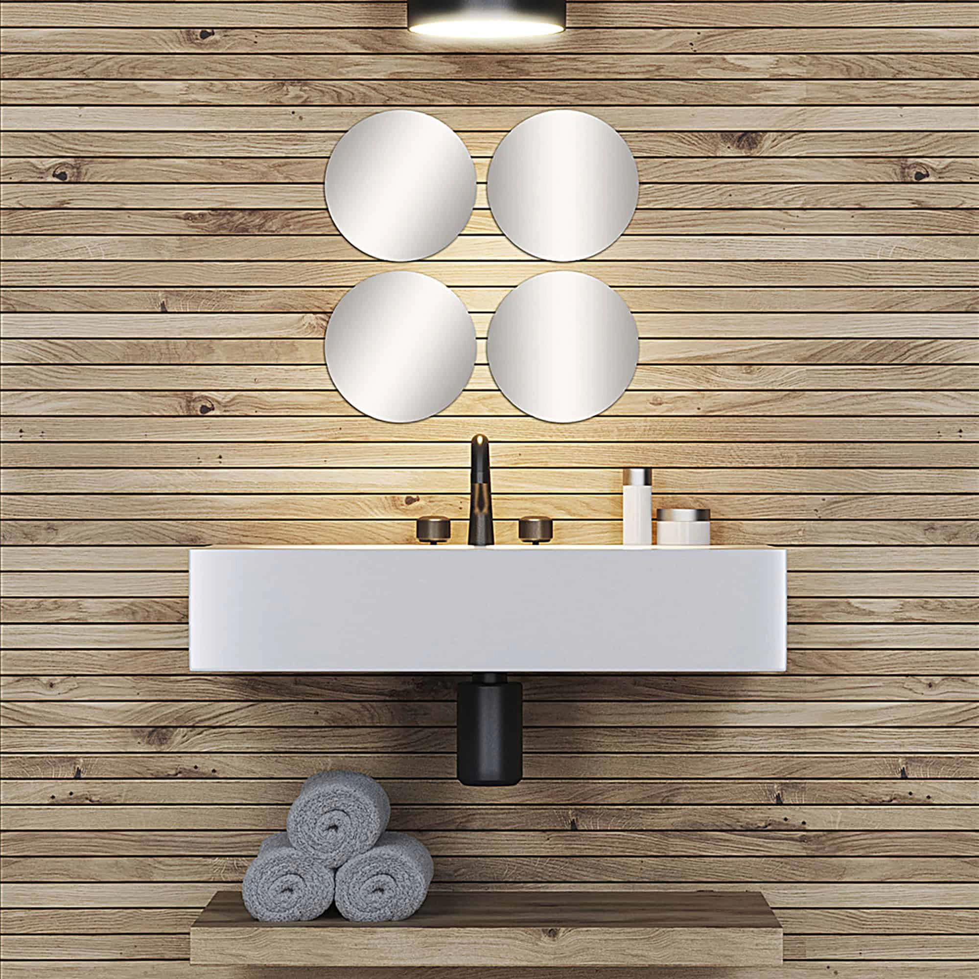 Evideco French Home Goods Set of 4 Self-Adhesive 7.12" Round Frameless Glass Mirrors, Silver