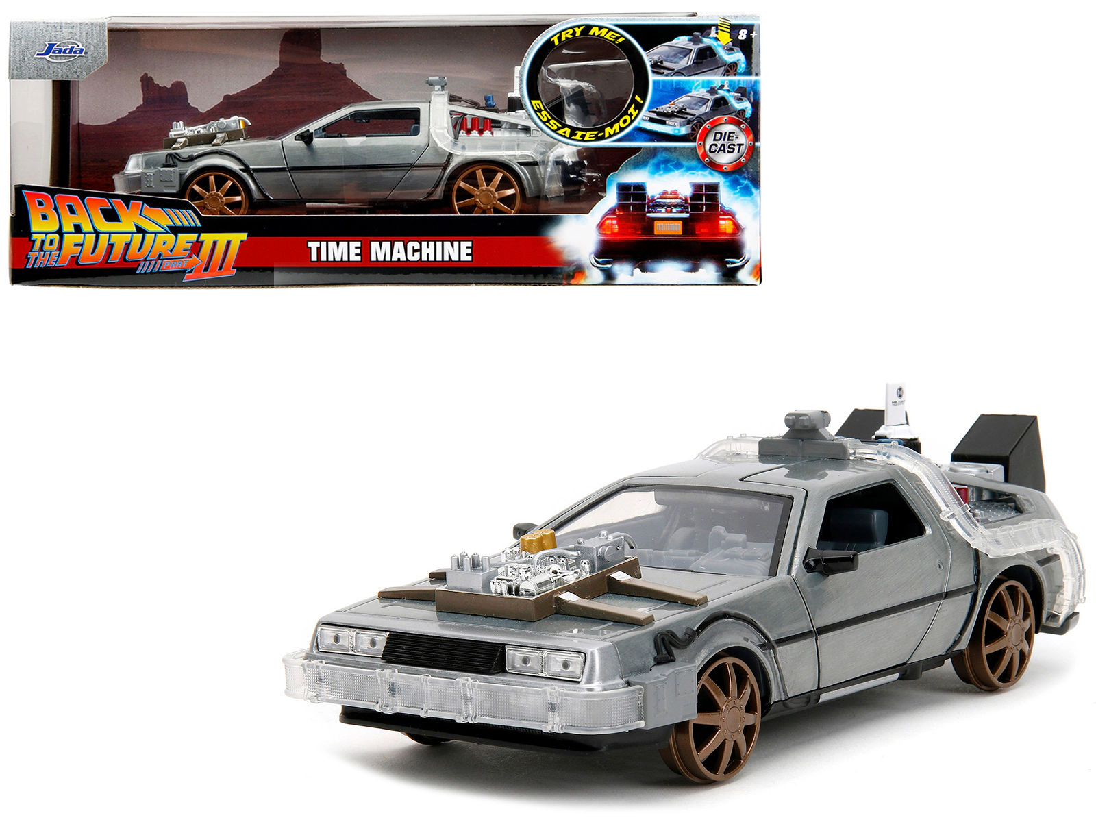 Jada DeLorean Brushed Metal Time Machine (Train Wheel Version) with Lights "Back to the Future Part III"