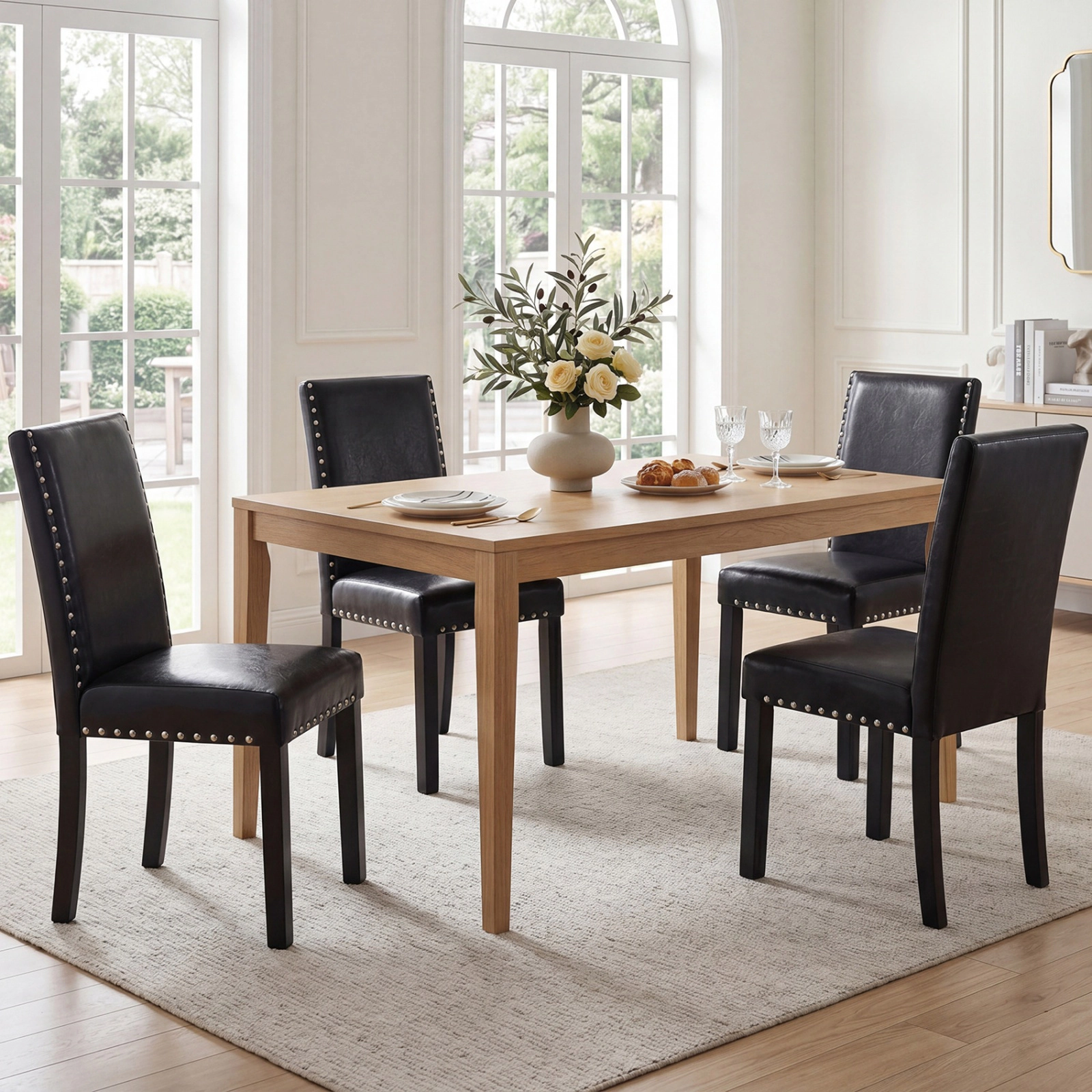 SUGIFT Set of 4 Dining Chairs with Solid Rubber and Bent Wood Legs 400-Lb Capacity Black Faux Leather