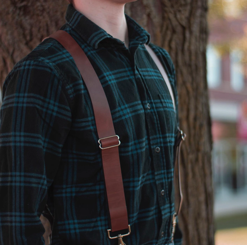 CTM® Men's Smooth Leather Wide Width Suspenders w Metal Swivel Hook Ends