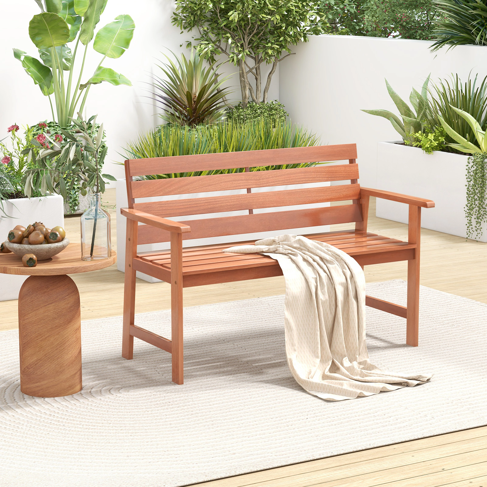SUGIFT 48-In Solid Wood Outdoor Bench, 2-Seat, Natural, 400-Lb Capacity, Inclined Backrest