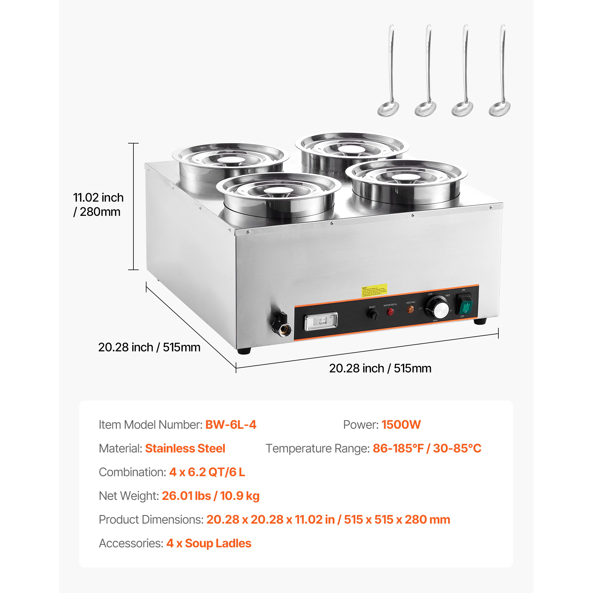 HONGGE Electric Soup Warmer, 6.34QT Stainless Steel Round Pot with 86~185°F Adjustable Temp