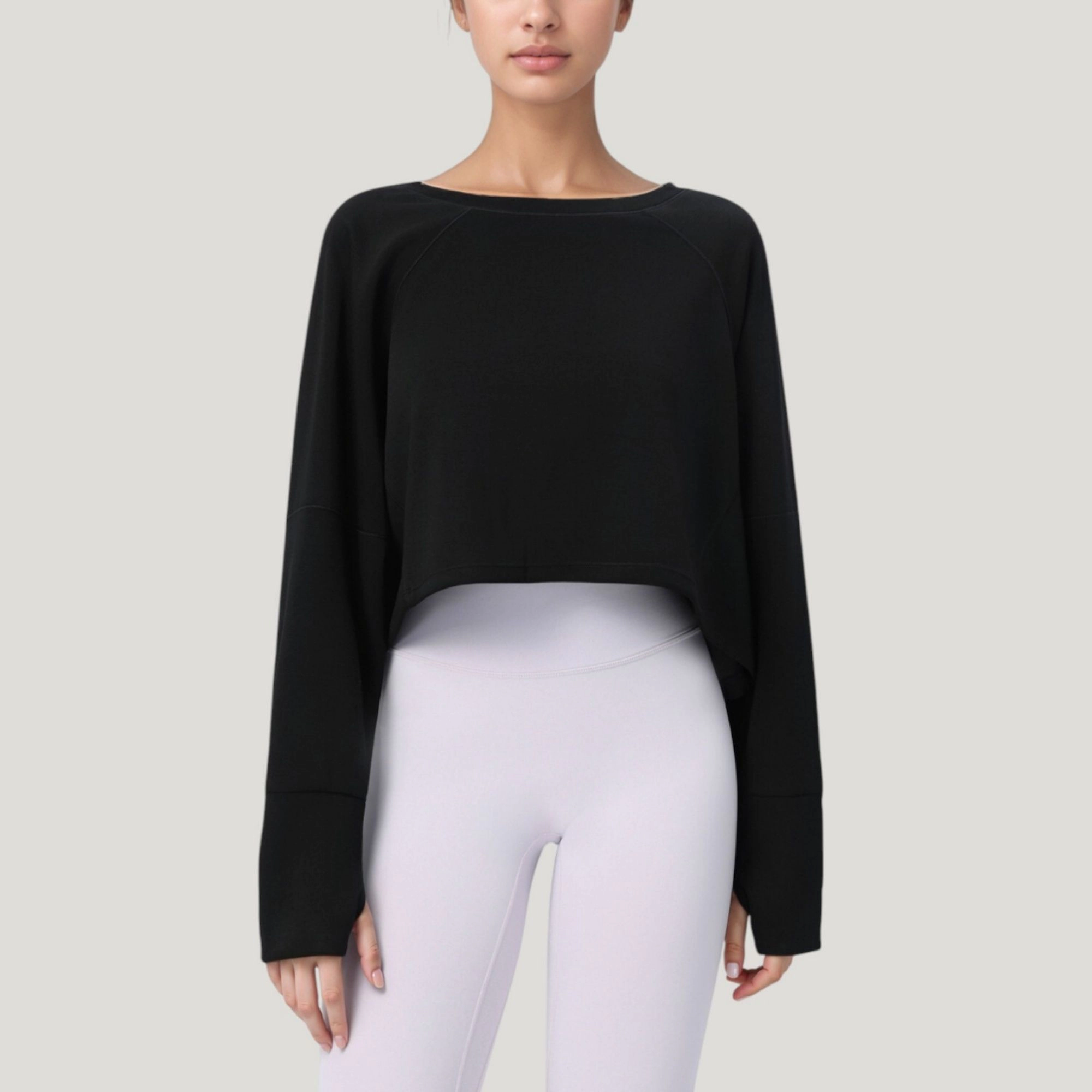 Anna-Kaci Women's Cropped Long Sleeve Active Top with Relaxed Fit and Crew Neck Design