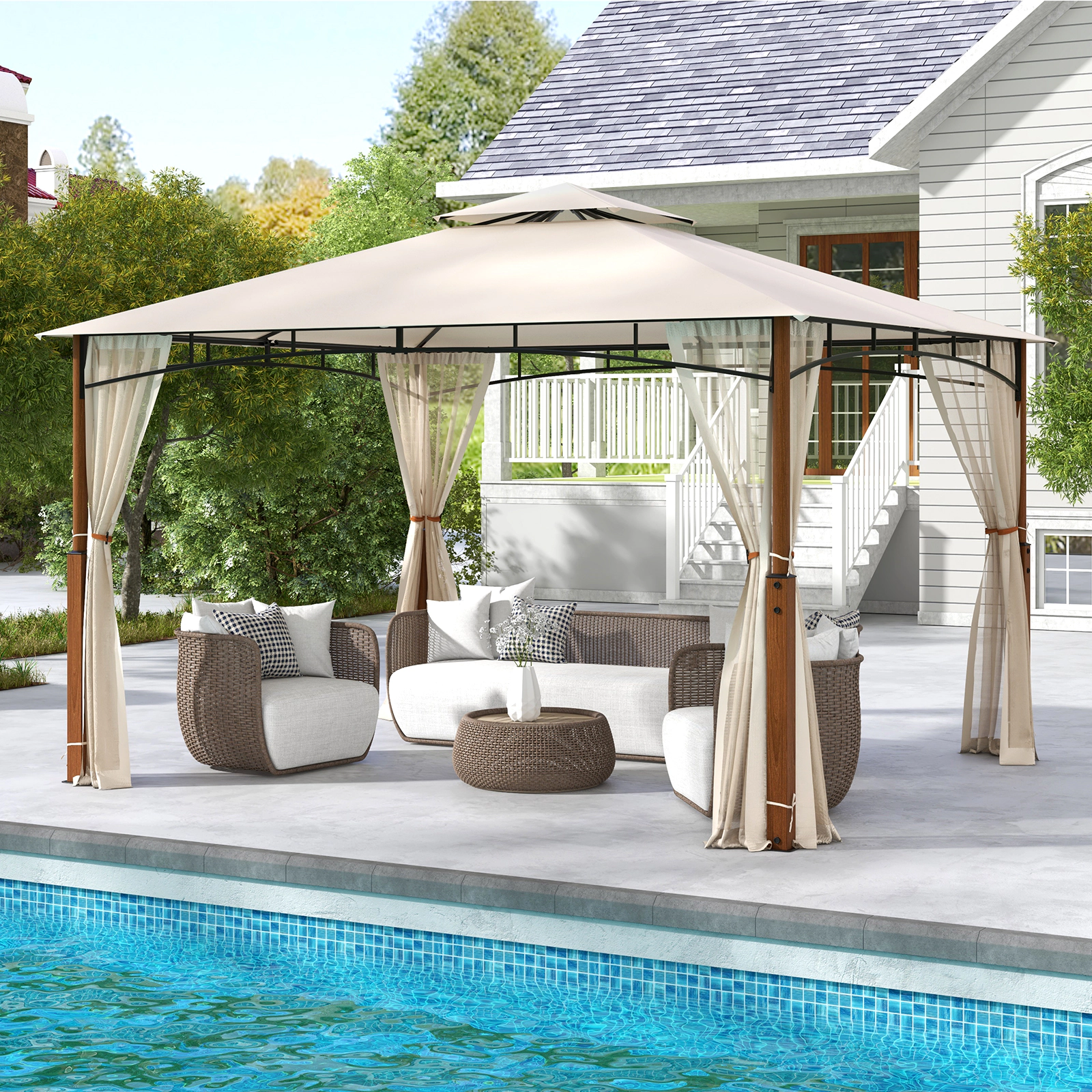 Hivvago Outdoor Patio Gazebo with Netting and 2-Tier Canopy