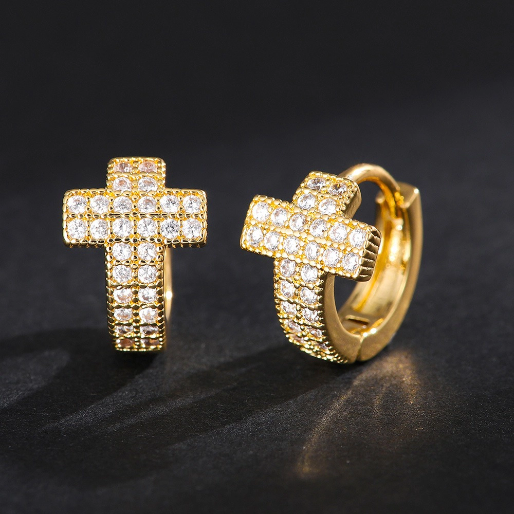 Pave Cubic Zirconia Gold Plated Cross Huggie Earring