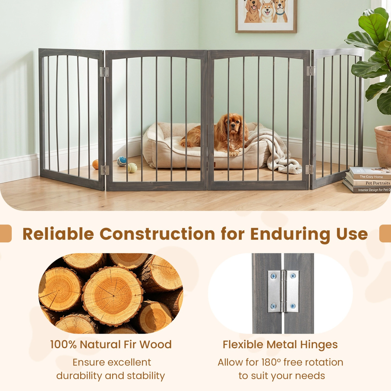 SUGIFT 83-in x 30-in 4-Panel Wooden Freestanding Indoor Dog Gate Pet Fence with 180-Degree Hinges