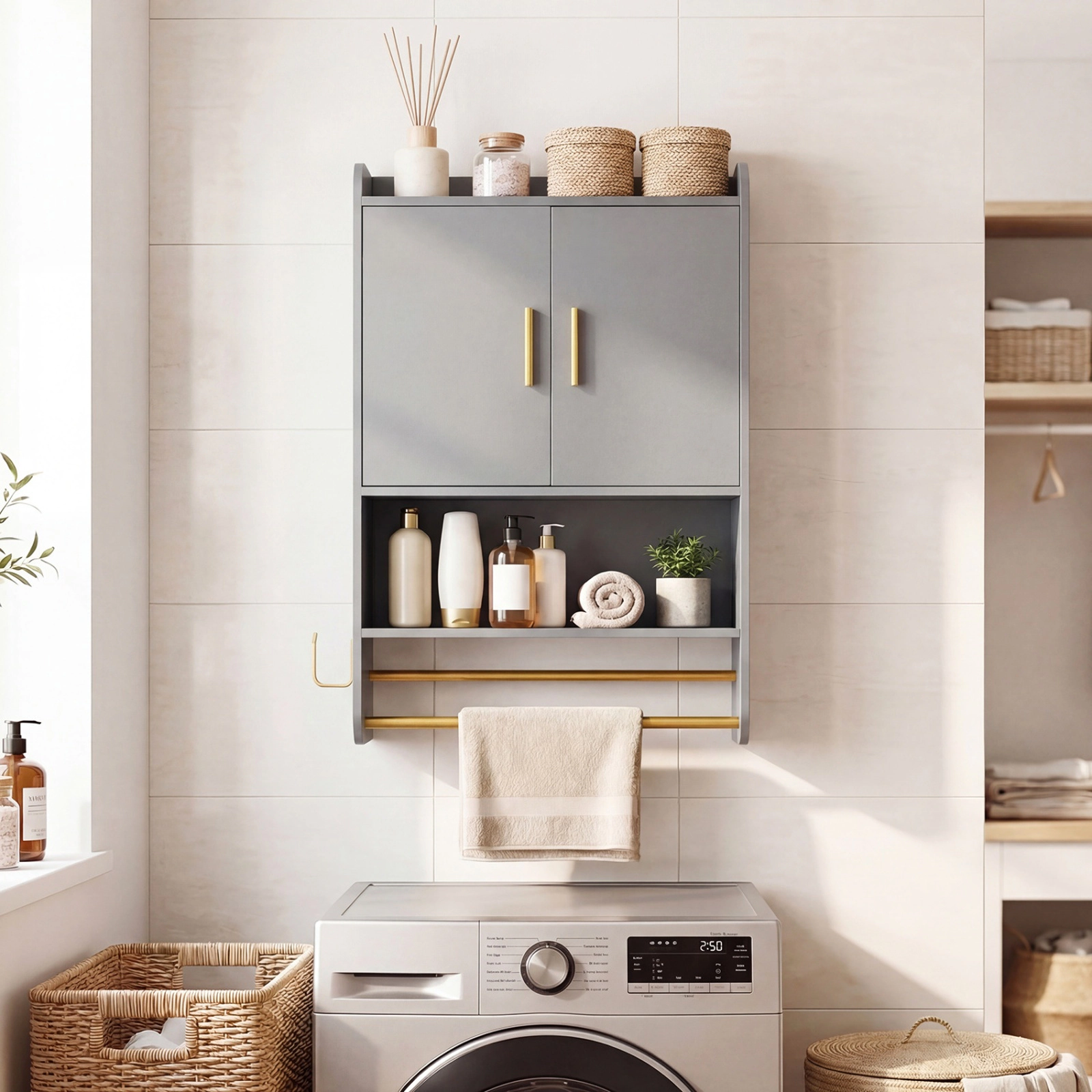 SUGIFT 2-Door Double Towel Bars 3-Height Shelf Bathroom Medicine Cabinet 21.5-in x 8-in x 31.5-in 22-lb per Tier Gray