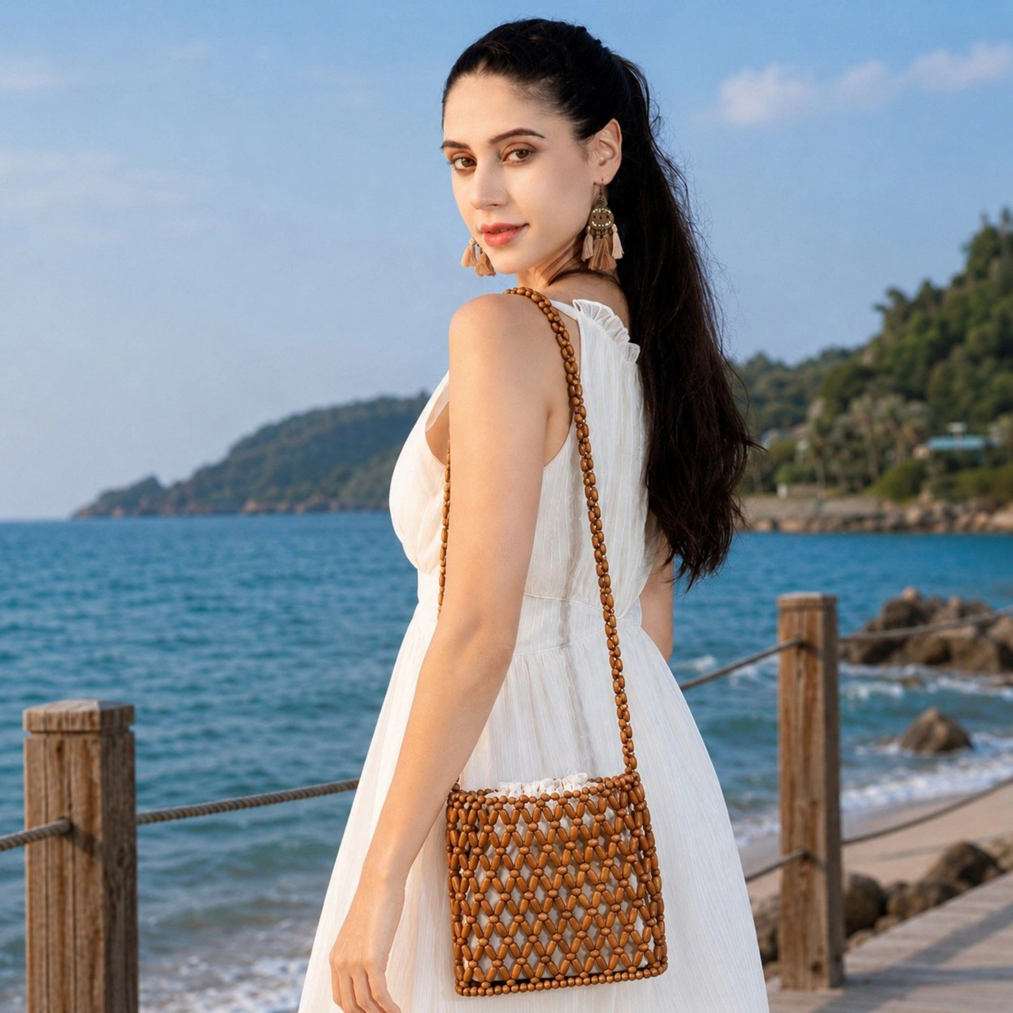 Alilang Women's Hand-Crafted Wooden Beaded Crossbody Bag for Women - Lightweight Geometric Pattern Purse