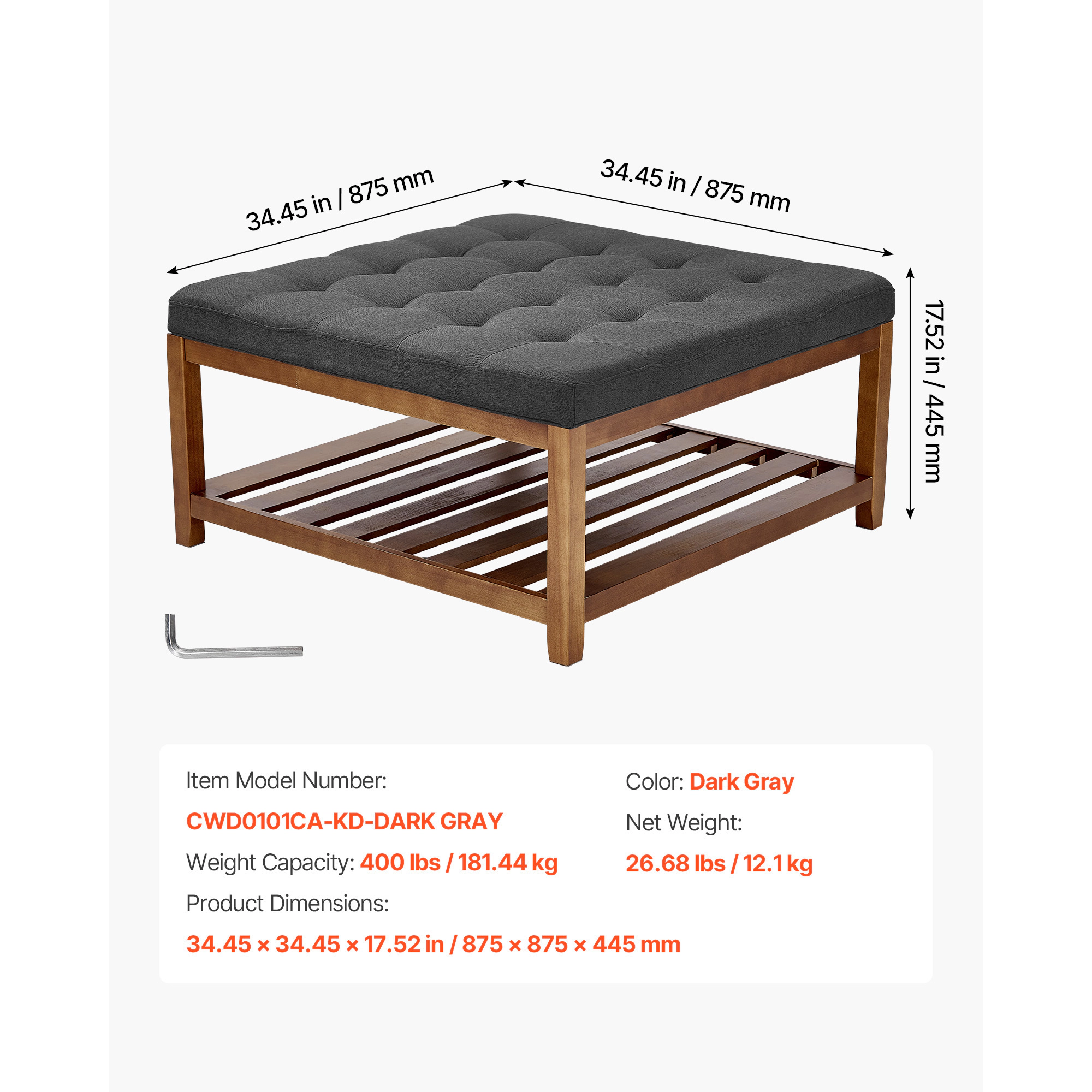 HONGGE Large Ottoman Coffee Table, Tufted Table with Solid Wood Shelf Storage