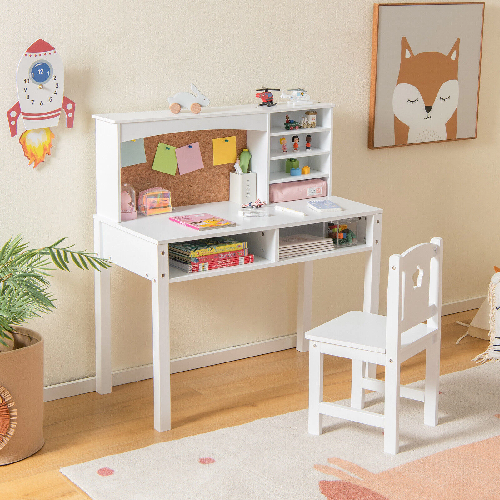 SUGIFT White Kids Desk and Chair Set with Hutch, Cork Board and 2 Drawers