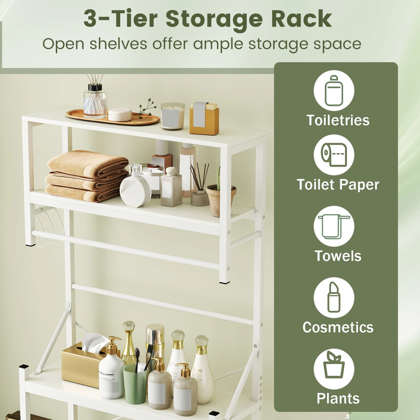 Slickblue Over-the-Toilet Bathroom Organizer Shelf 64in 3-Tier White Metal Rack Adjustable Bar
