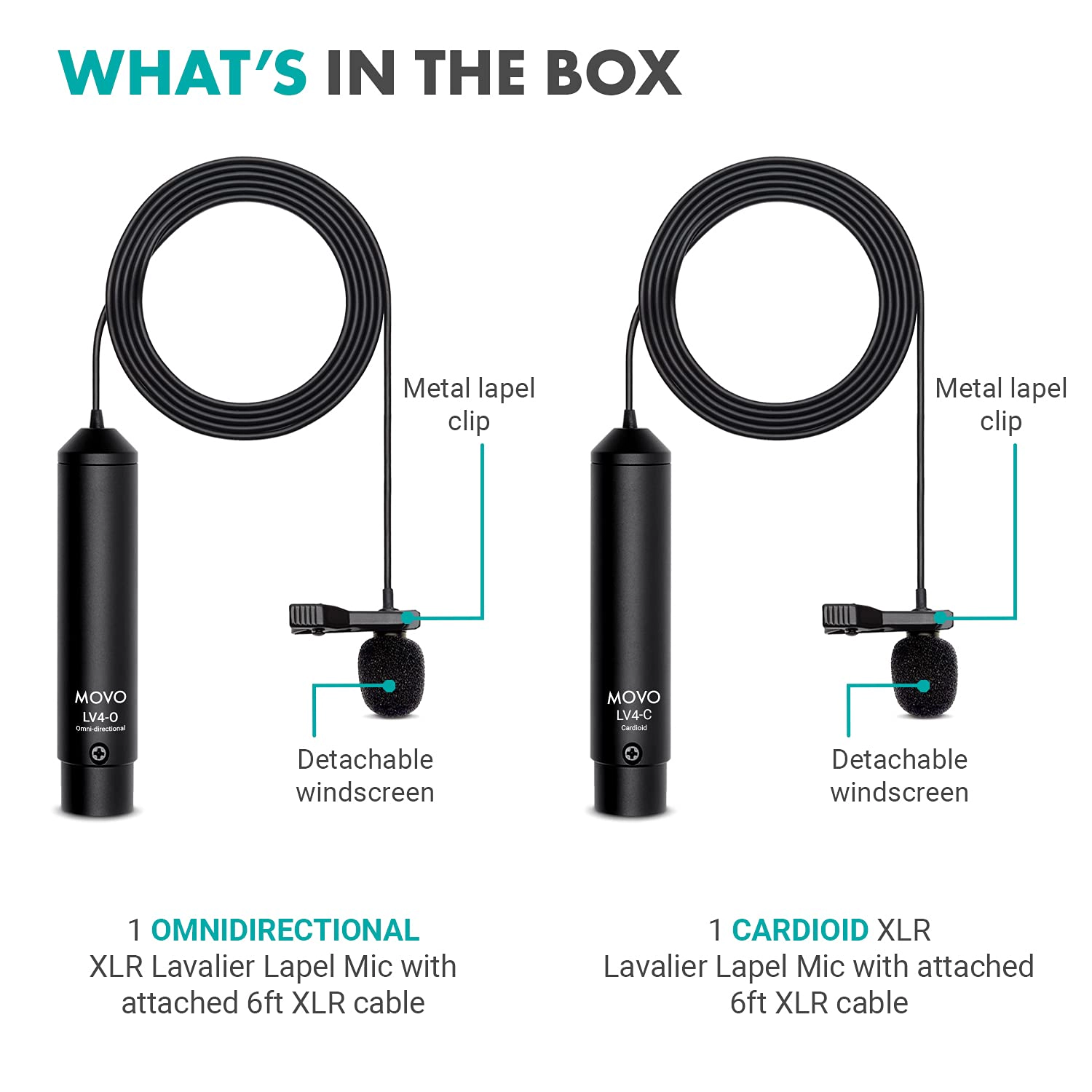 Movo LV4 Phantom Power XLR Lavalier Microphone Interview Kit with Omnidirectional and Cardioid XLR Lapel Mics, Metal