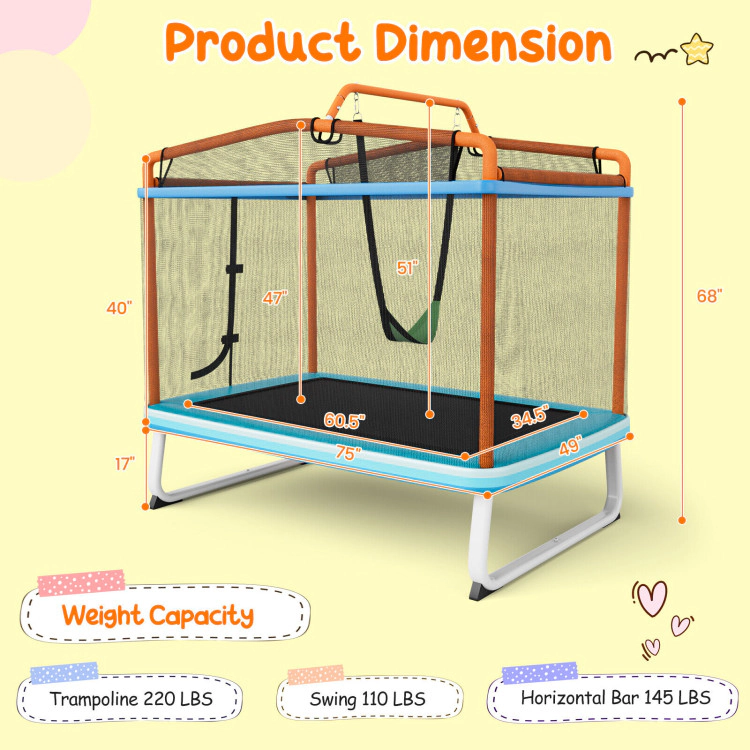 Hivvago 6 Feet Rectangle Trampoline with Swing Horizontal Bar and Safety Net