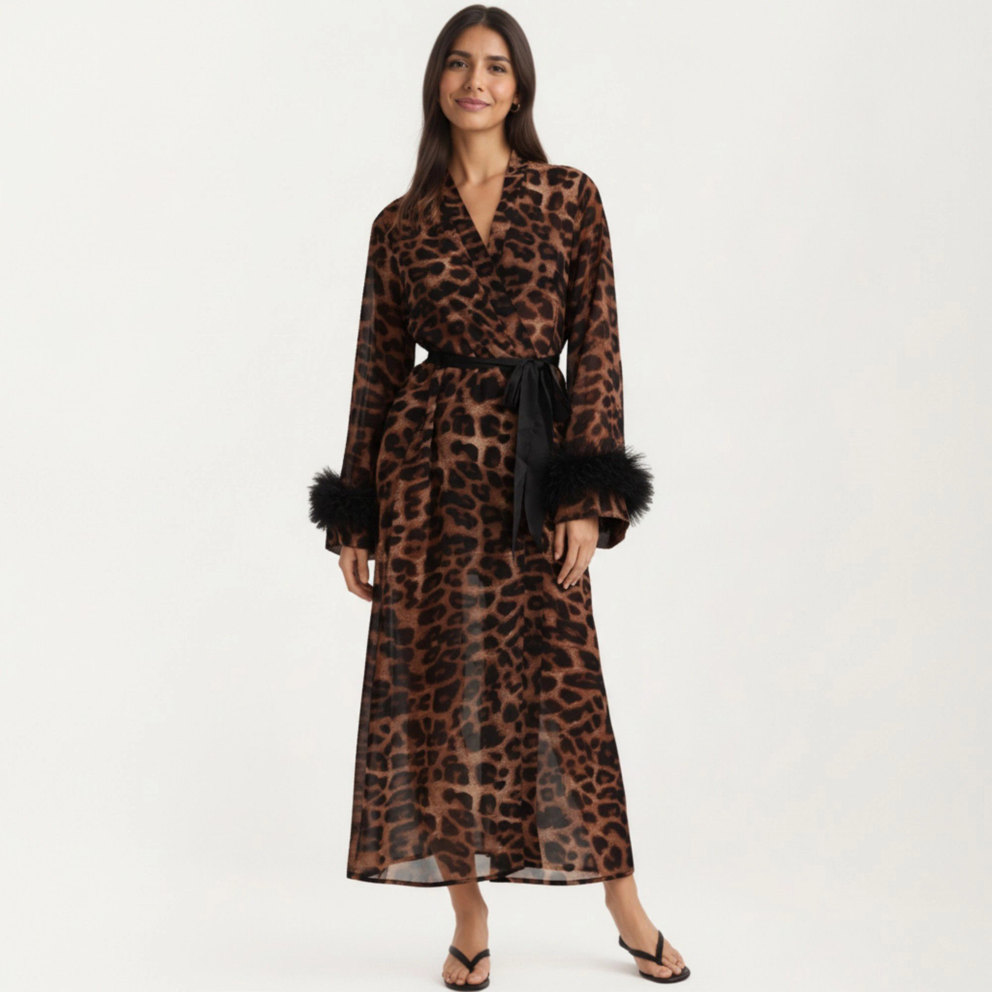 Anna-Kaci Women's Leopard Print Mesh Robe Dress with Feather Sleeves and Satin Tie Waist in Longline Silhouette