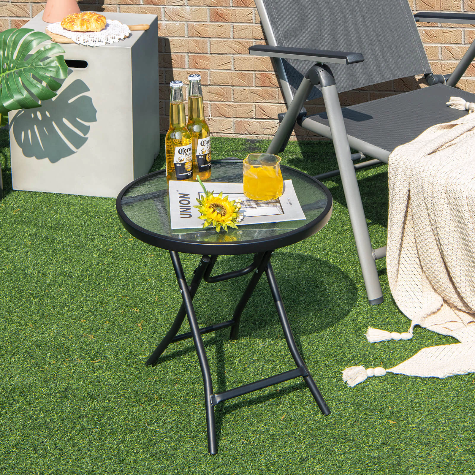 SUGIFT 18-In Black Folding Tempered Glass Outdoor Side Table with Rustproof X-Frame