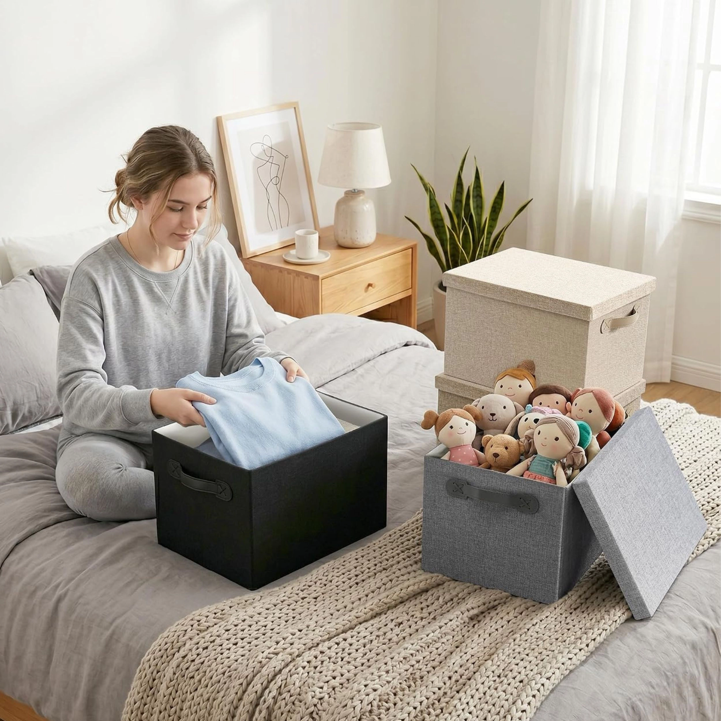 Stock Preferred Pack of 2 25L Fabric Storage Bins with Lids Handles and Stackable Design