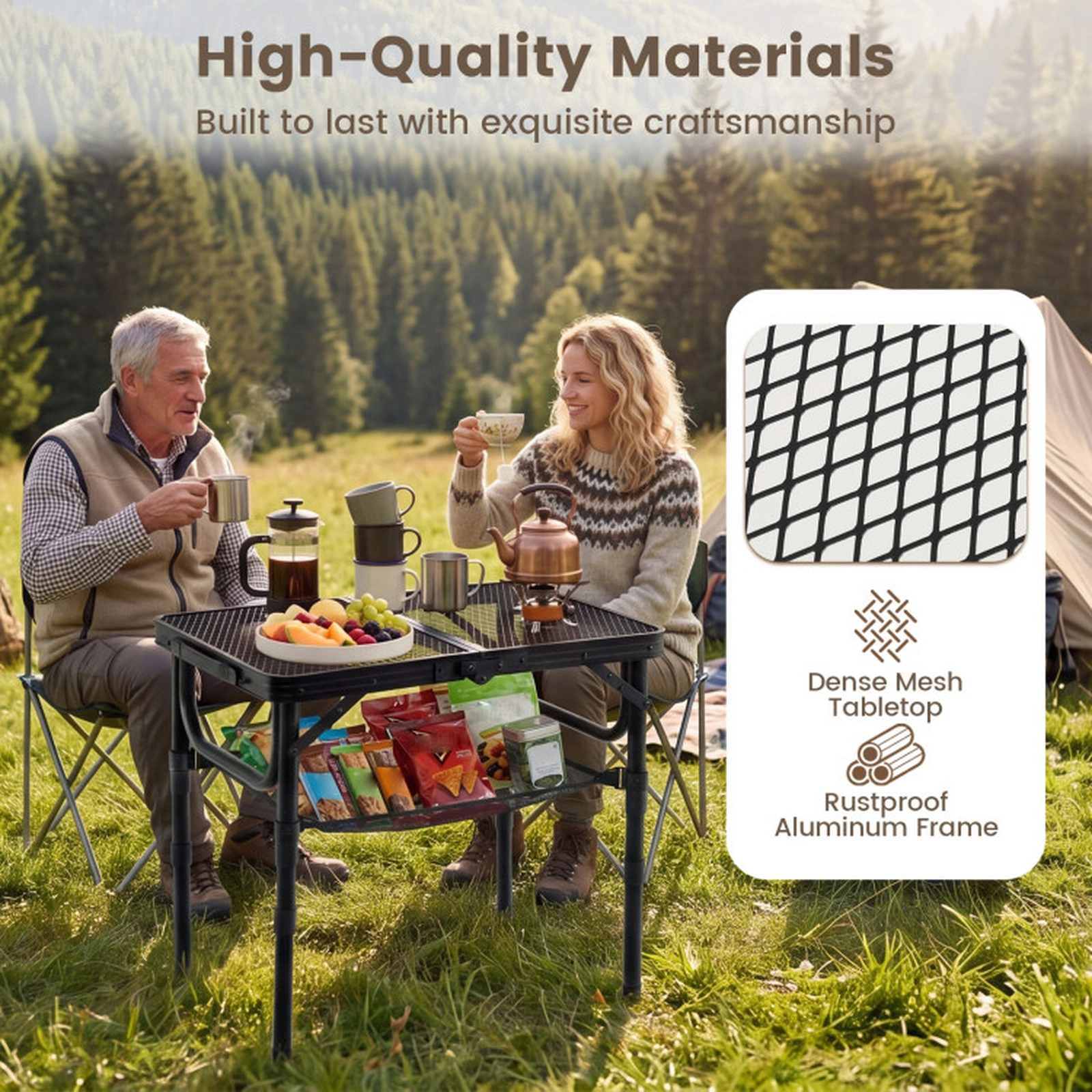 SUGIFT Black 90-lb Capacity 3-Height Adjustable Folding Aluminum Camping Table with Mesh Top and Storage Net