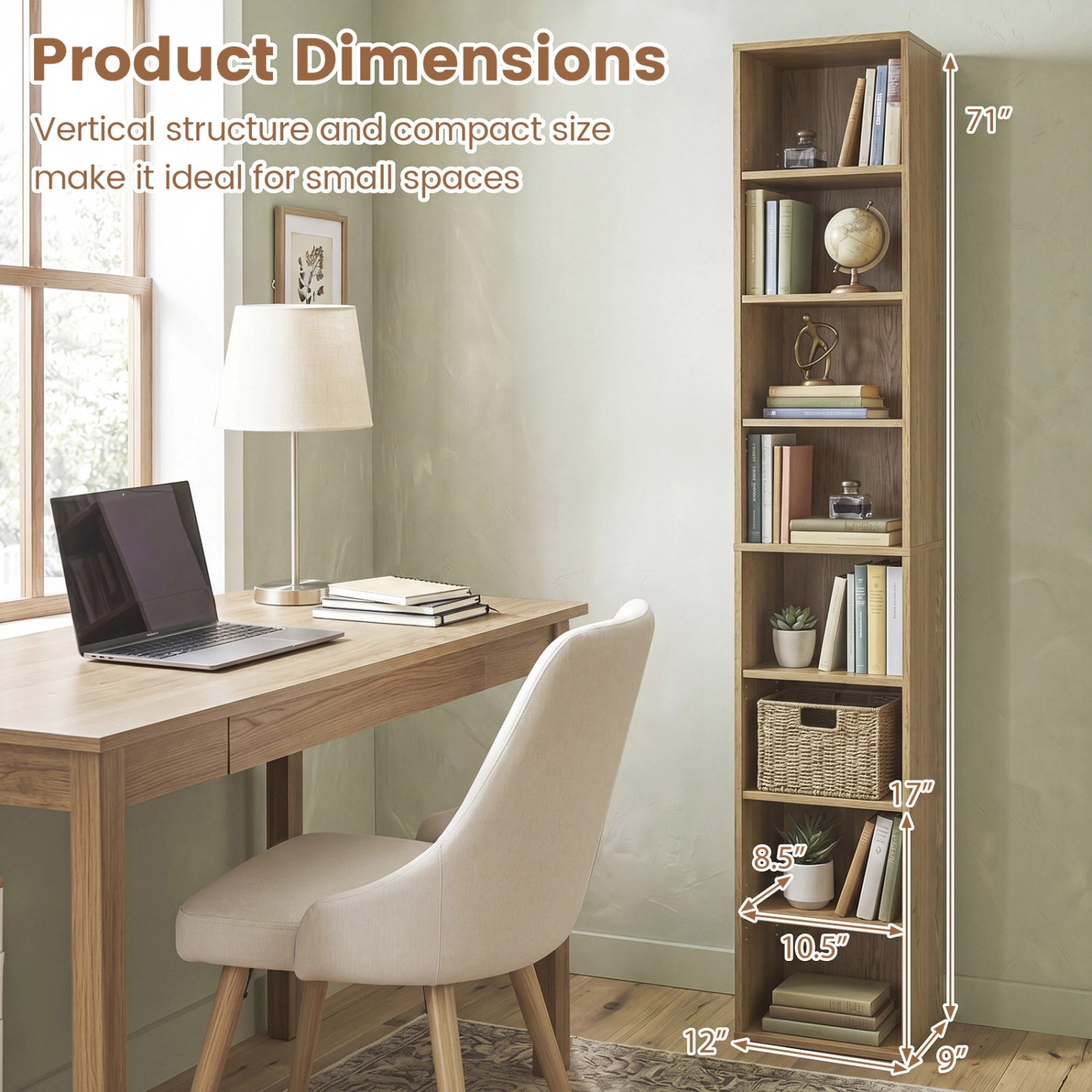 SUGIFT 8-Tier Natural 71-in Tall Narrow Bookshelf 12-in Wide with 4 Adjustable Shelves and Storage Cubes