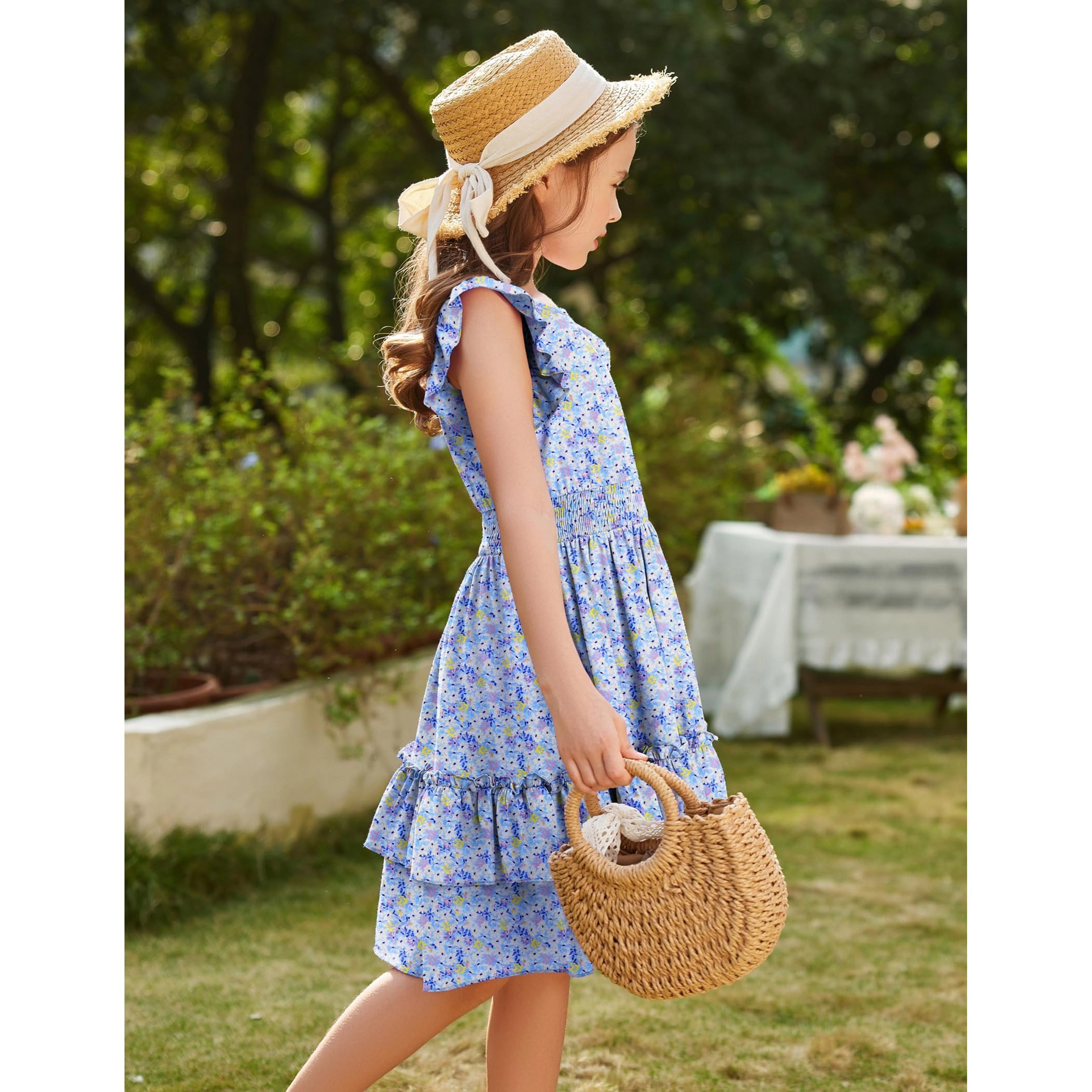 Arshiner Girls Dresses Flutter Sleeve Aline Sundress Casual Summer Tiered Swing Midi Pocket Dress
