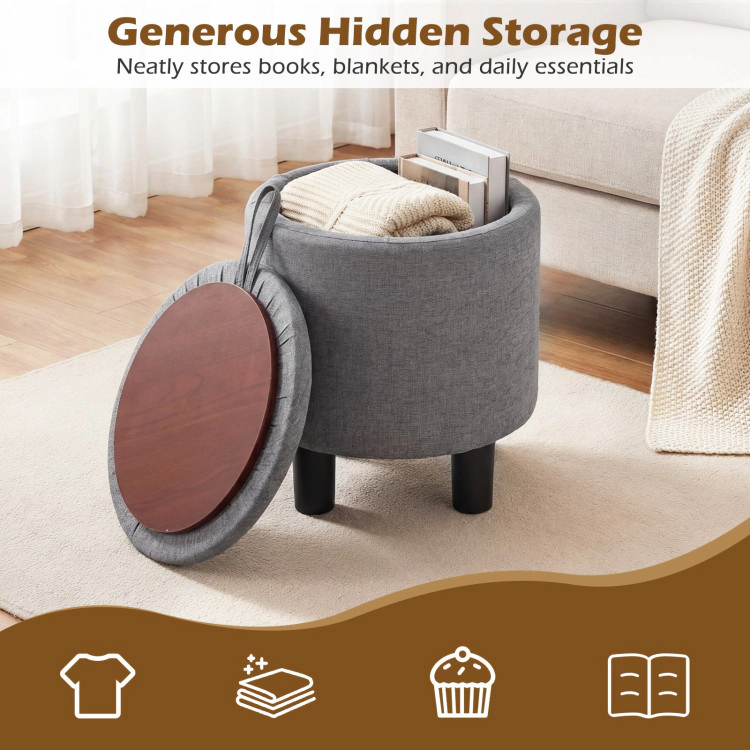 Hivvago Round Storage Ottoman Linen Fabric Upholstered Footrest Stool