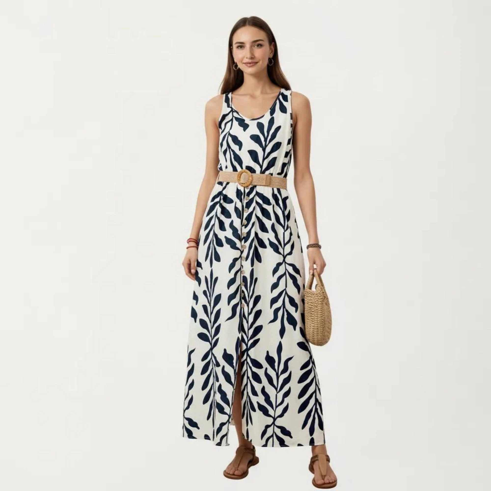 Anna-Kaci Womens Sleeveless Floral Button-Front Maxi Dress with Belt