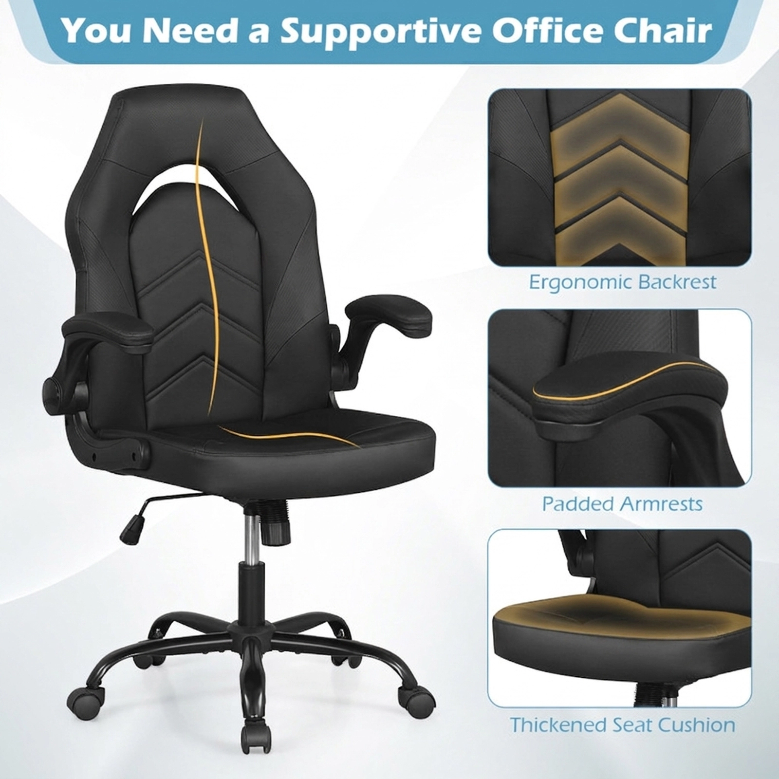 SUGIFT 300-lb Capacity Black PU Leather Ergonomic Swivel Computer Desk Chair with Flip-up Armrests
