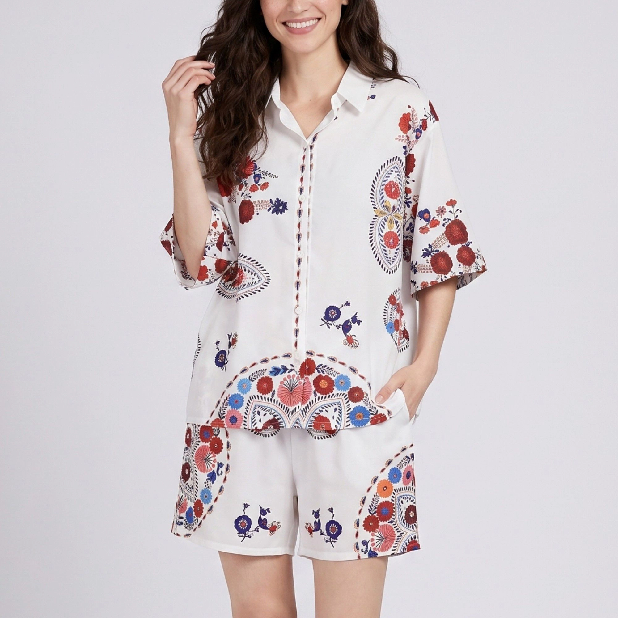 Anna-Kaci Women's 2-Piece Paisley Floral Short Pajama Set with Button Top and Matching Shorts