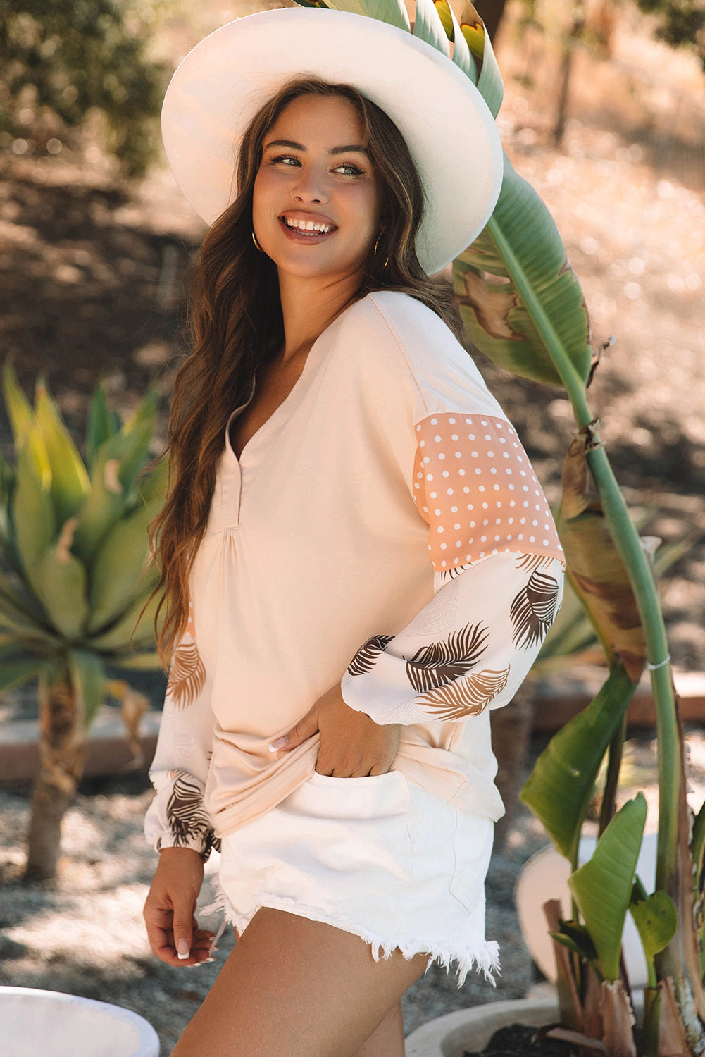Threaded Pear Women's Alora Palm Leaves Polka Dot Loose Blouse