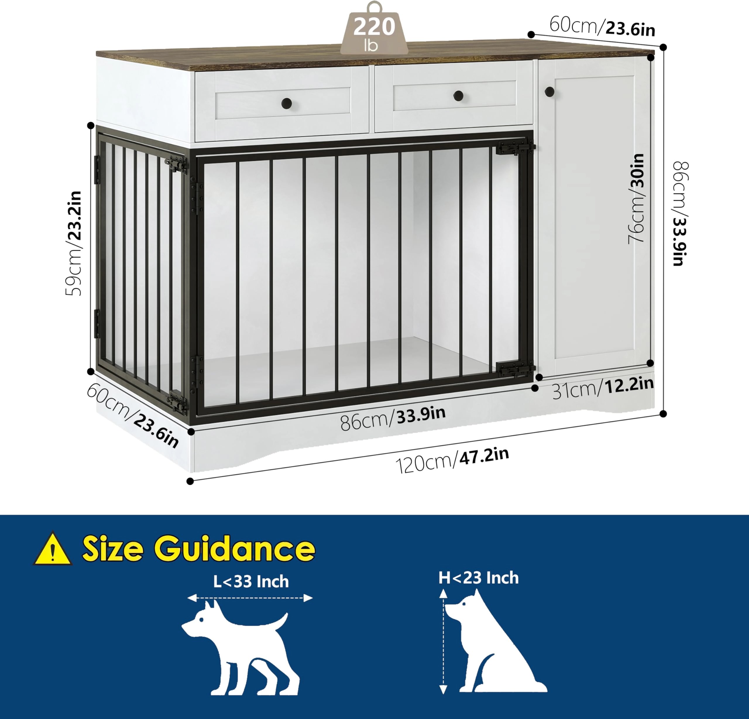 47" Farmhouse Dog Crate Furniture End Table with Double Doors, 2 Drawers & Cabinet, Chew-Resistant Kennel for Small Dogs