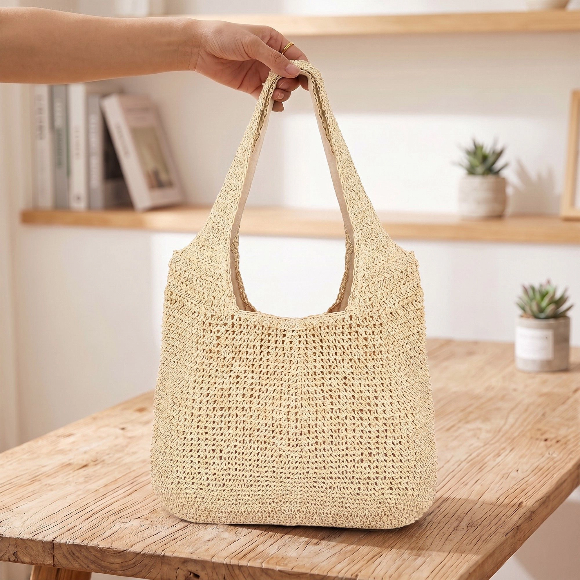 Alilang Women's Woven Crochet Hobo Bag with Integrated Strap Slouchy Shoulder Handbag Lightweight Large Capacity Tote