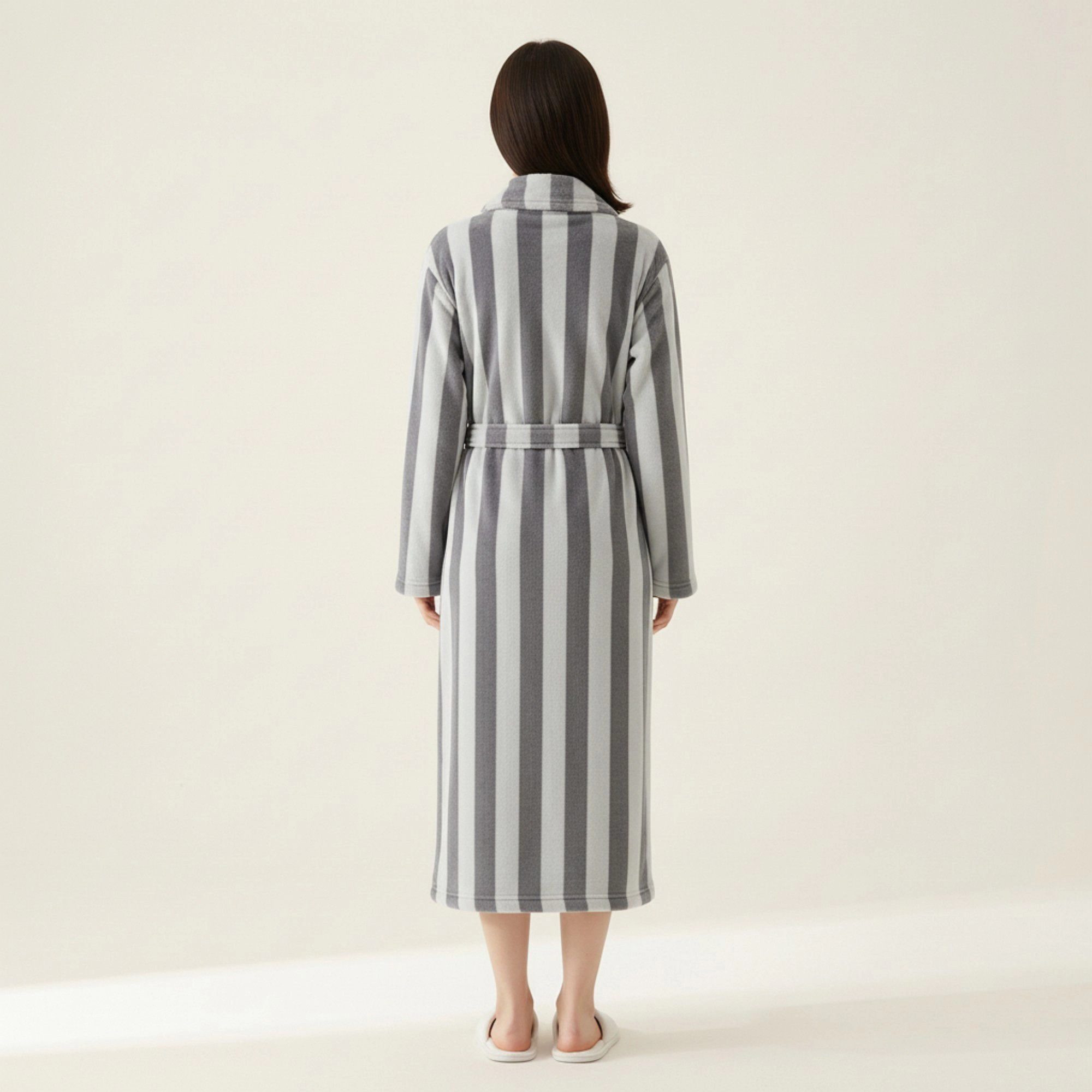 Anna-Kaci Women's Striped Plush Long Robe with Shawl Collar Tie Waist Belt Soft Textured Full Length Bathrobe
