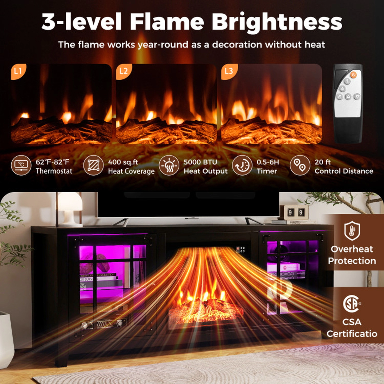 SUGIFT 1400W 18-in Electric Fireplace RGB LED App Control TV Stand 58-in x 16-in x 25-in 5000 BTU 65-in TV Black