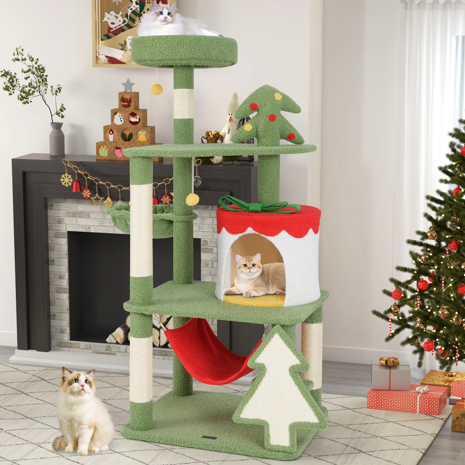 LJG Cute Christmas Cat Tree with Sisal Scratching Posts and Gift Box Shaped Condo