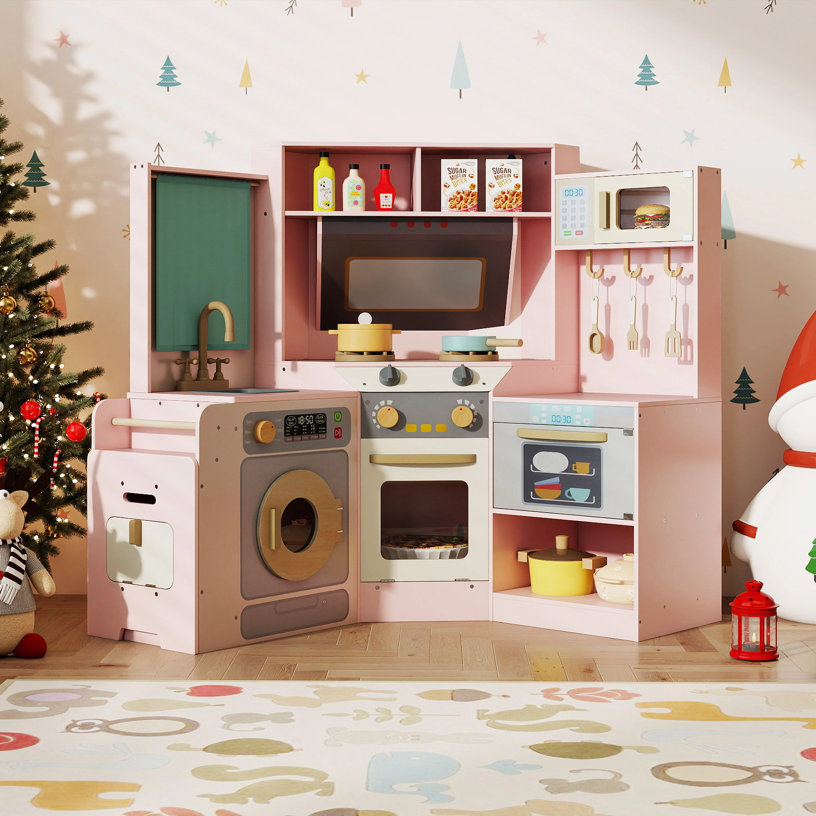 Corner Kids Play Kitchen with Pull-Out Trash Can Lighted Stoves Dishwasher and Curtain 46-in x 23-in x 37-in Pink